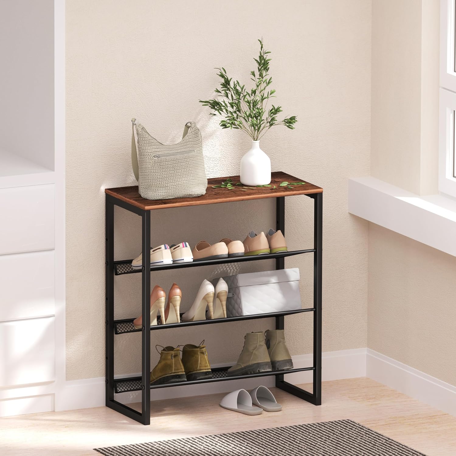 Industrial Shoe Rack - Sturdy Steel Entryway Shoe Organizer with Spacious Top - Strong Mesh Shoe Storage Shelves - Adjustable Shoe Stand for Closet Organization (4-Tier)