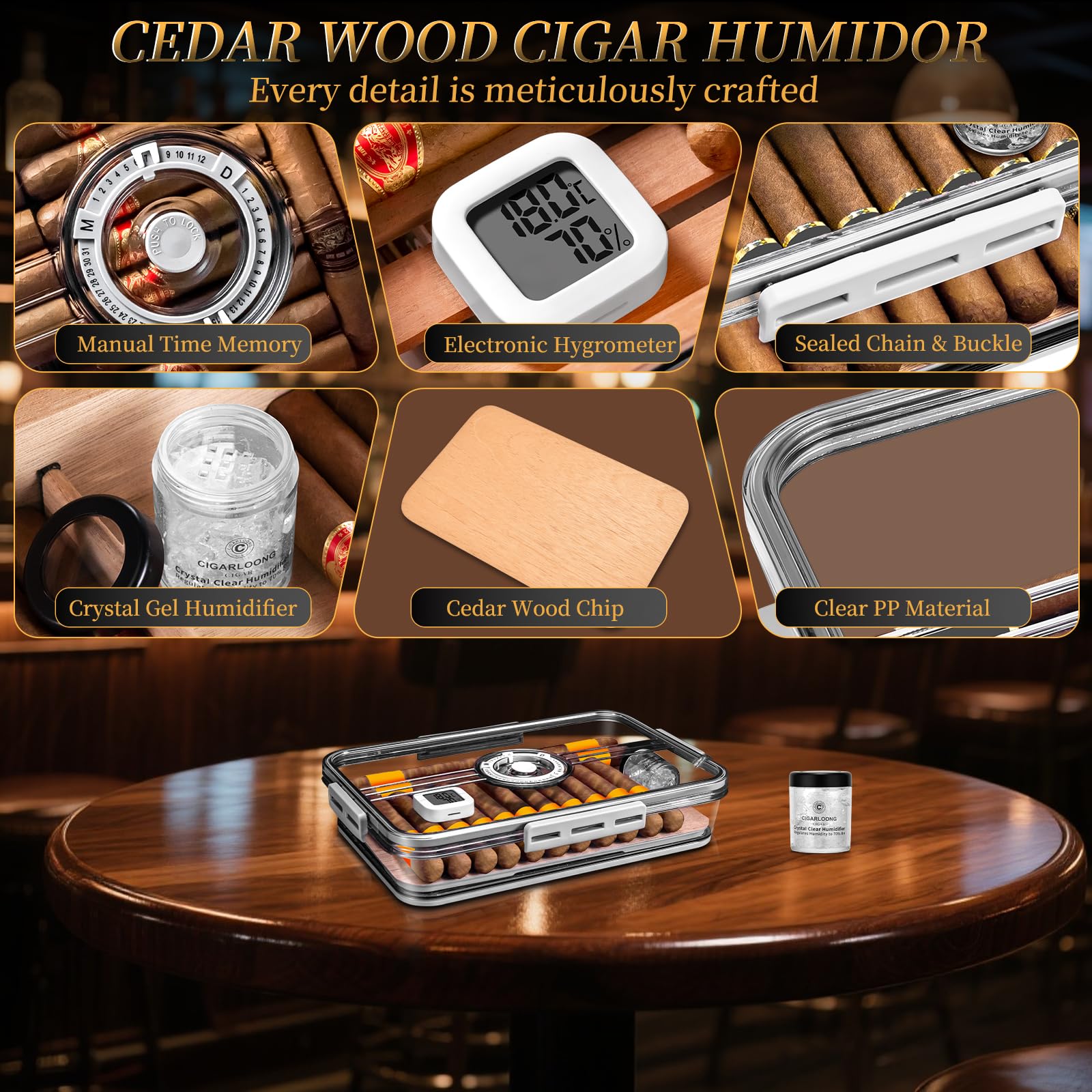 CIGARLOONG Zigarren-Humidor, eingebautes Regal aus Zedernholz mit Hygrometer und Luftbefeuchter, transparente Aufbewahrungsbox aus Acryl für Zigarren (S (für 20–30 Zigarren))