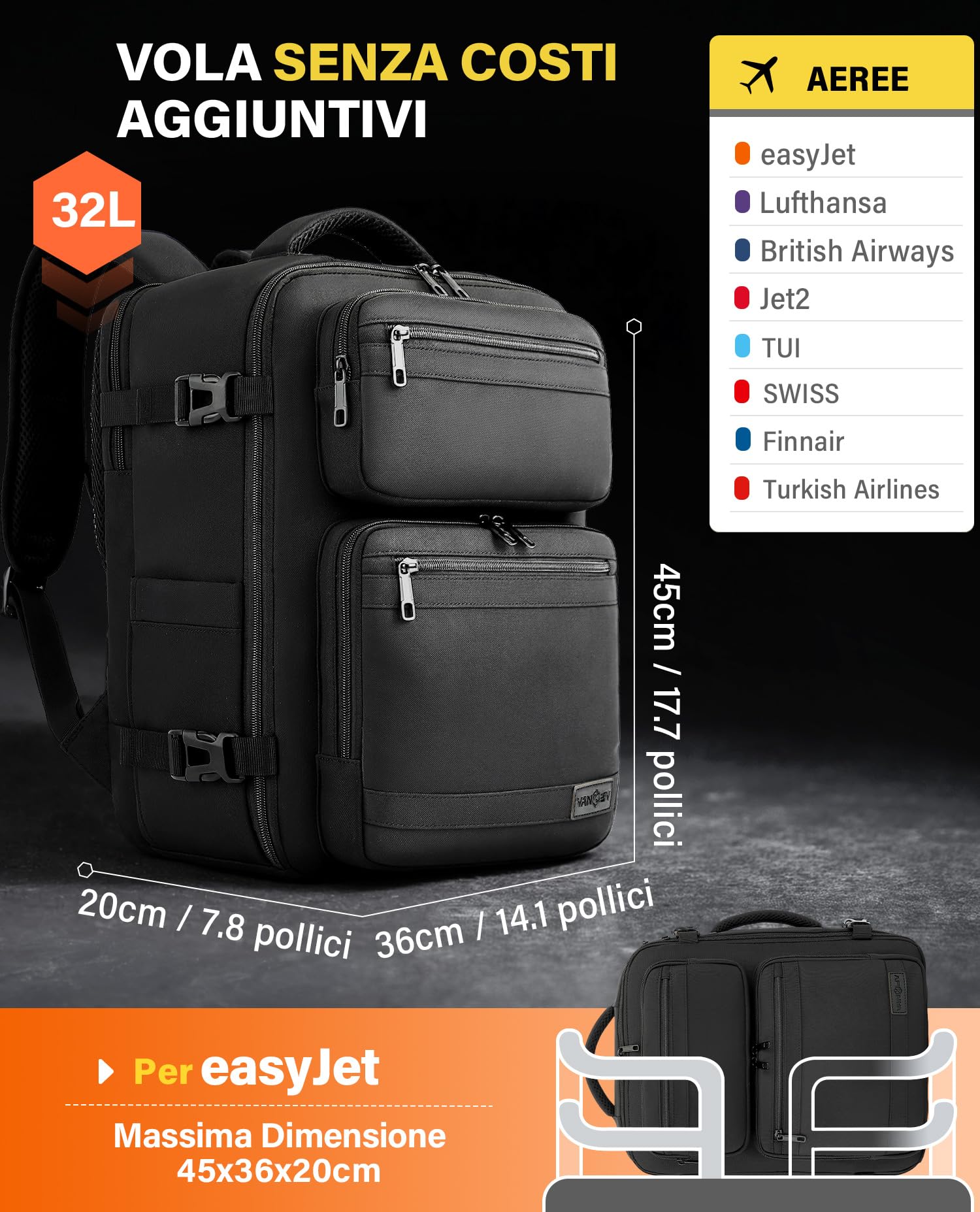 VANKEV EasyJet Lufthansa British Airways Jet2 Zaino da Viaggio Aereo 45x36x20cm-32L, Bagaglio a Mano Per Viaggio Zaino per Laptop Adatto da 15,6 Pollici Nero