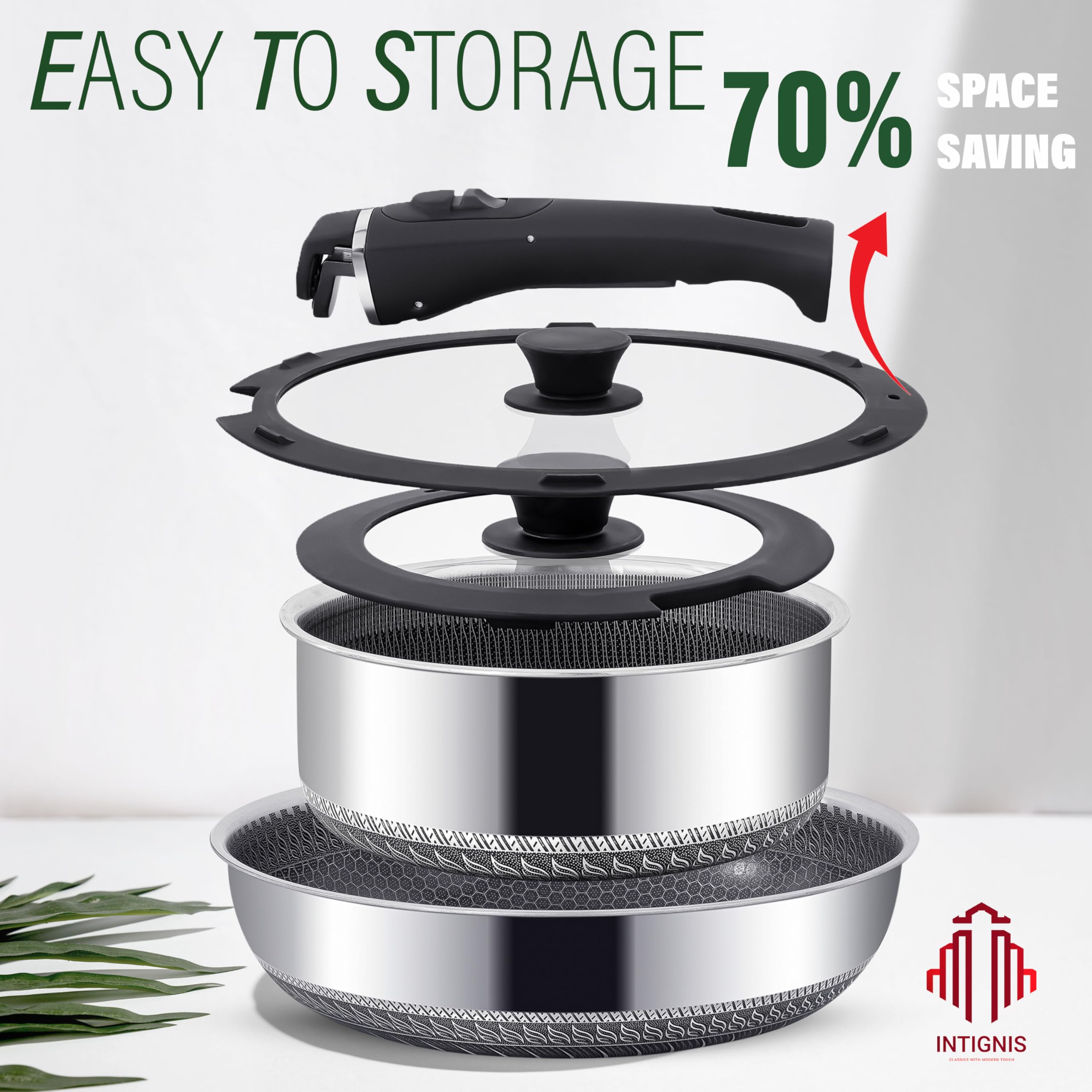 Set di pentole con manico intelligente rimovibile, 8 pezzi, set di pentole da campeggio impilabili, pentole e padelle salvaspazio, set da cucina in acciaio inossidabile, padella profonda 28 cm 4,5 l
