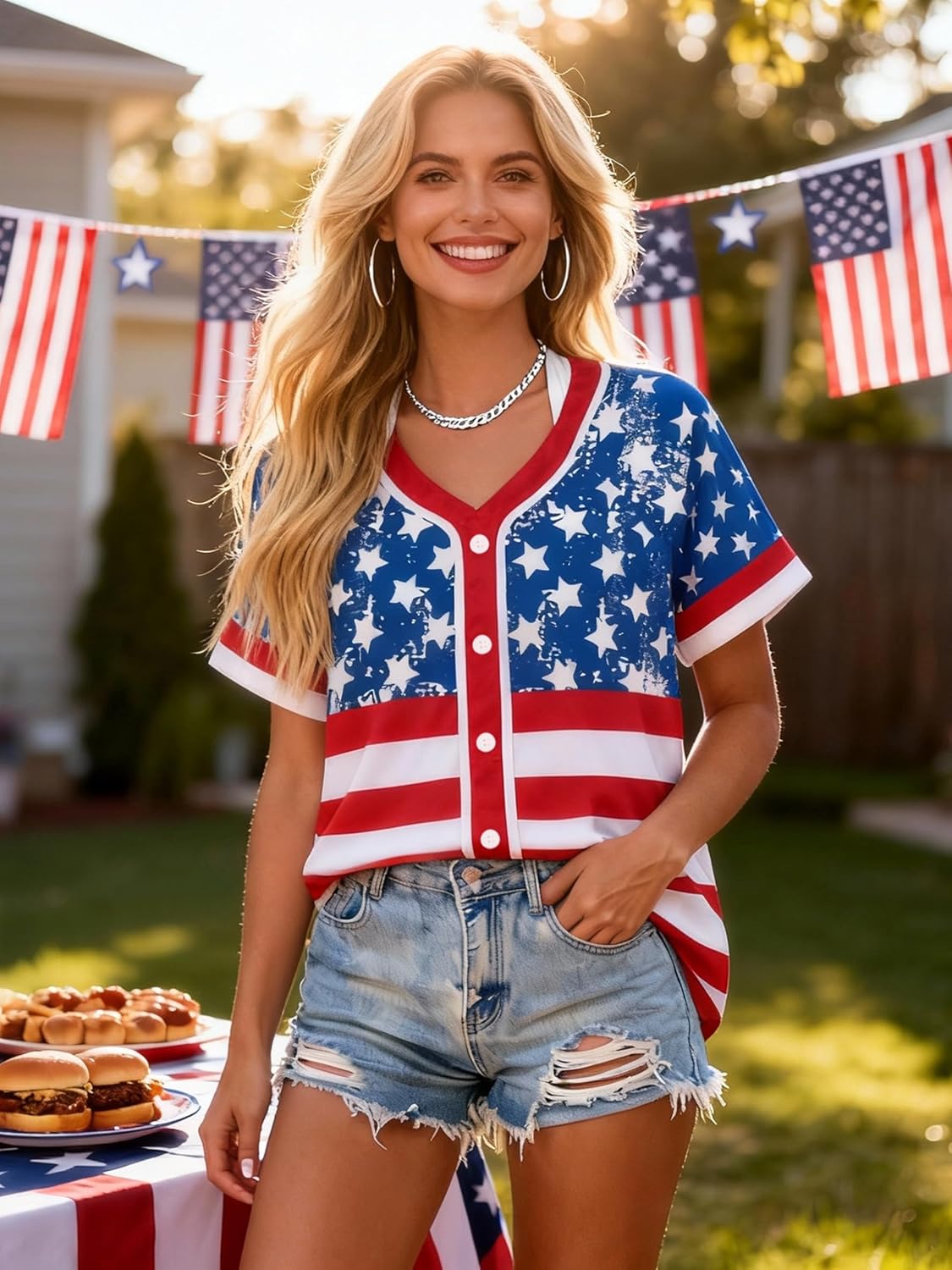 Women's American Flag Button Down Jersey Shirt Patriotic USA Short Sleeve Shirts 4th of July Baseball Tee Top - Image 3