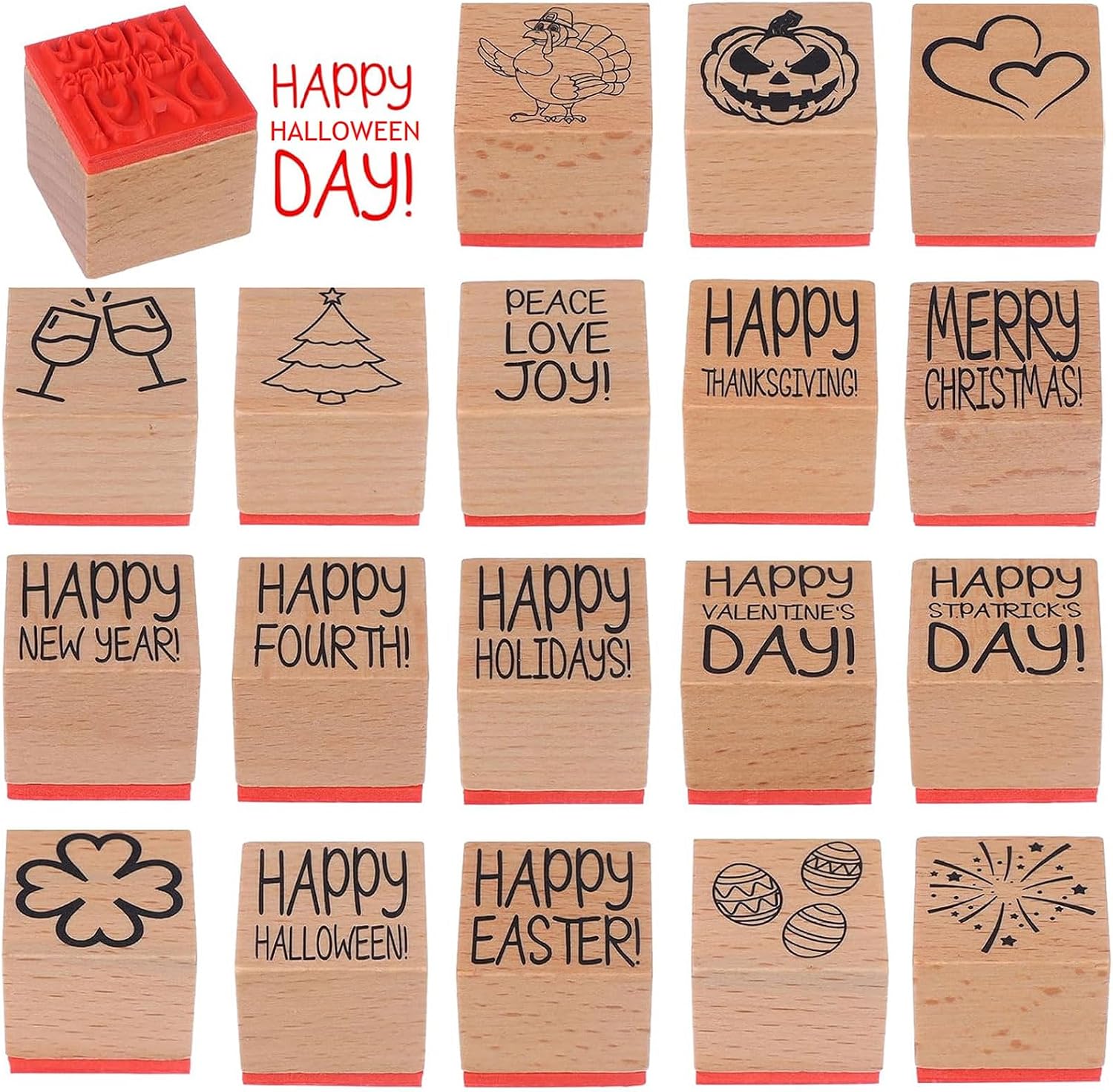 18 Pcs All Holiday Wood Stamps Set Wooden Rubber Holiday Stamps Holiday Square Craft Stamp for Card Making Decoration and Scrapbooking Supplies Party Gift Decor