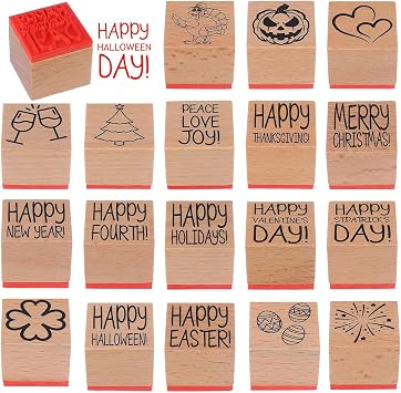 18 Pcs All Holiday Wood Stamps Set Wooden Rubber Holiday Stamps Holiday Square Craft Stamp for Card Making Decoration and Scrapbooking Supplies Party Gift Decor