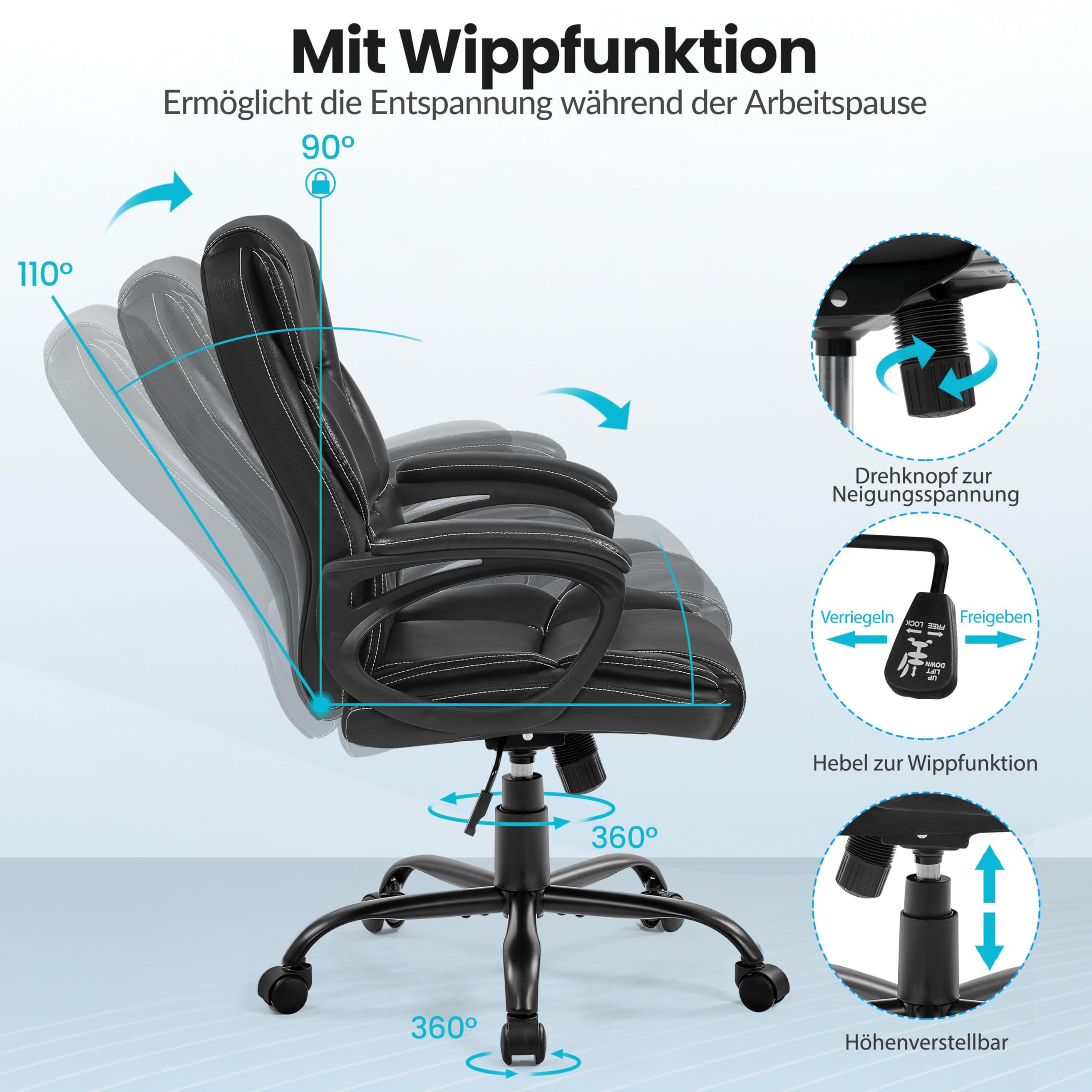 Yaheetech Bürostuhl Schreibtischstuhl, Chefsessel aus Kunstleder, Drehstuhl mit Rollen, Computerstuhl mit Hoher Rückenlehne, Wippfunktion, Belastbar bis 136 kg, Schwarz