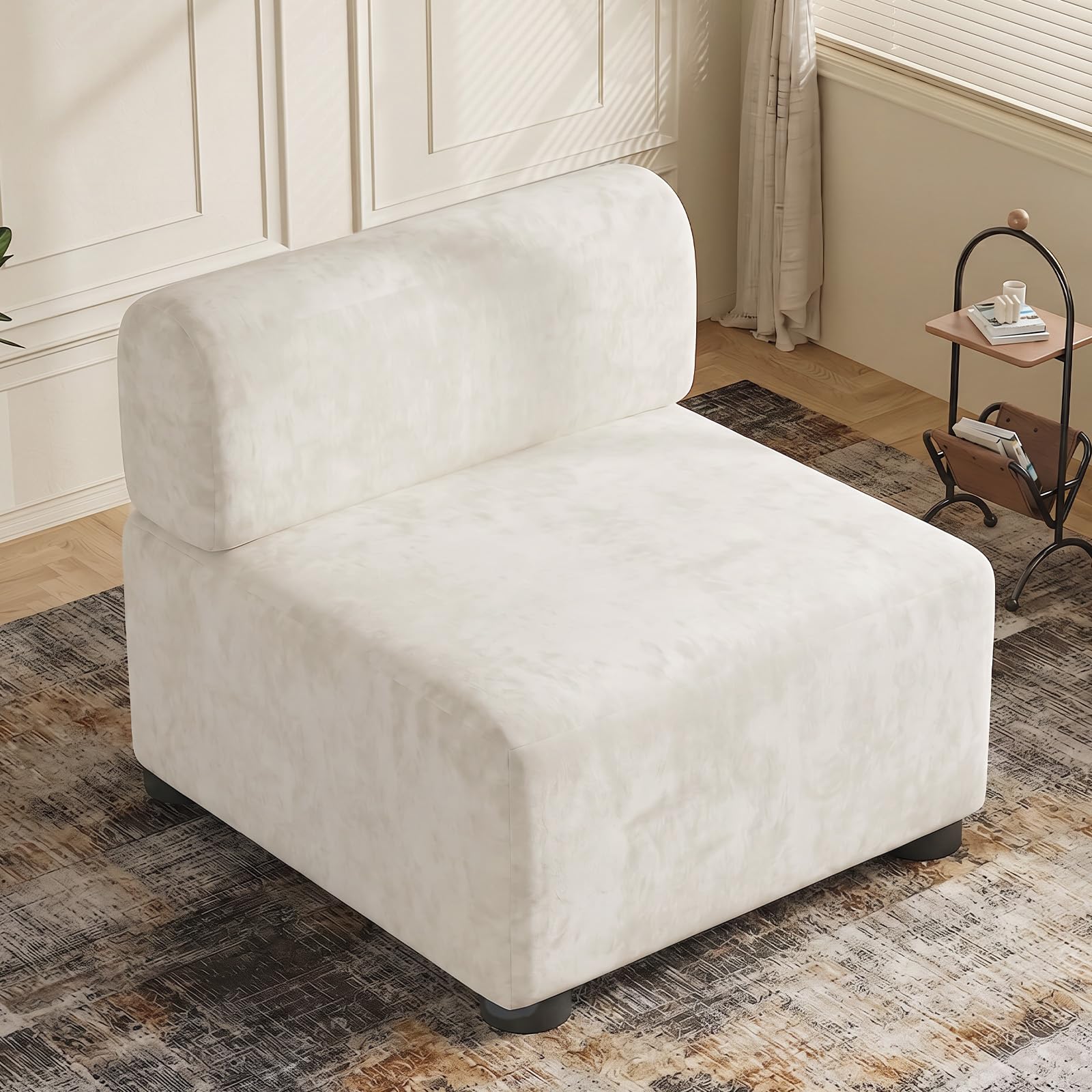 AAQZ Armless Accent Chair Beige, 1 Seater Modular Velvet Chair for Living Room, Single Sofa Chair with High-density Foam, Solid Wood Frame for Small Spaces