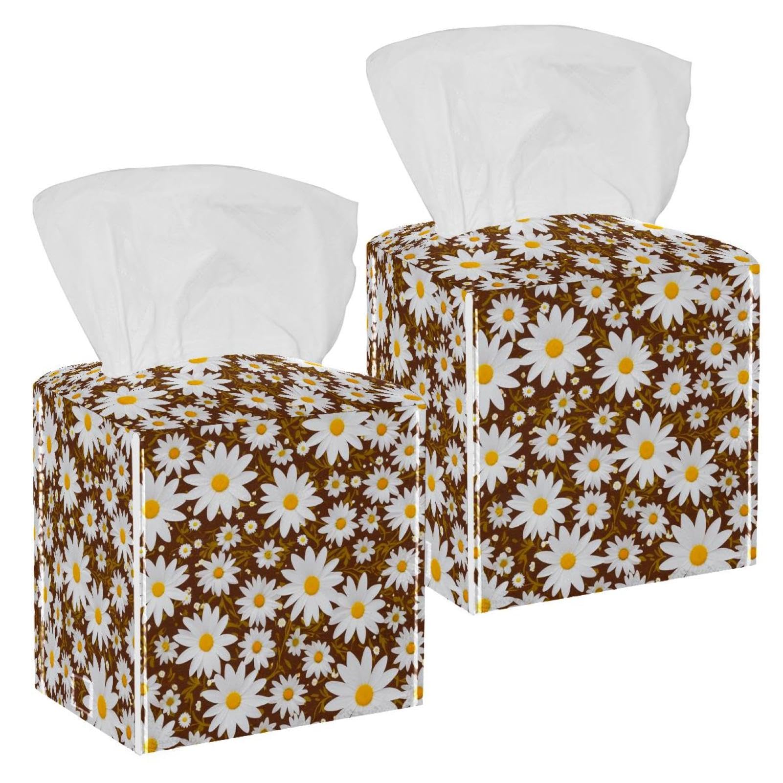 Flower Tissue Box Cover, 2 Pack PU Leather Square Facial Tissue Dispenser Box holder for Home Office Car