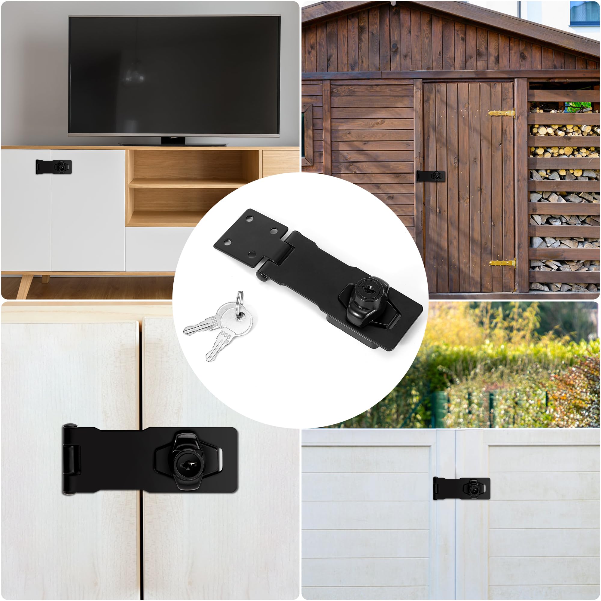 Hasp Serratura in Metallo 2 Pezzi, Lucchetto in Acciaio Inox Chiavistello con Viti e Chiavi, per Porta Armadietti Cassetti Cancelli e Mobili (Nero)