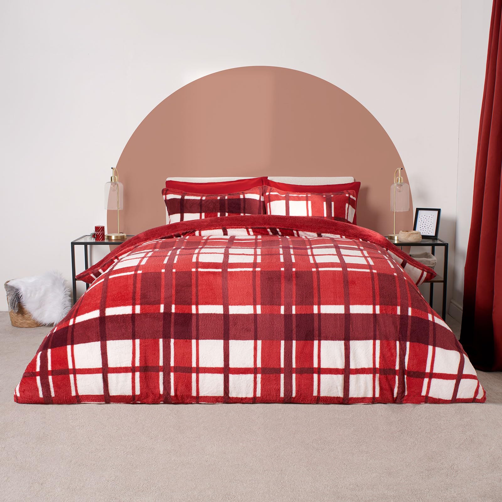 Ohs Red Christmas Double Bed Duvet Cover Check, Teddy Fleece Duvet Covers For Double Bed Christmas Bedding With Pillowcases Tartan Duvet Sets