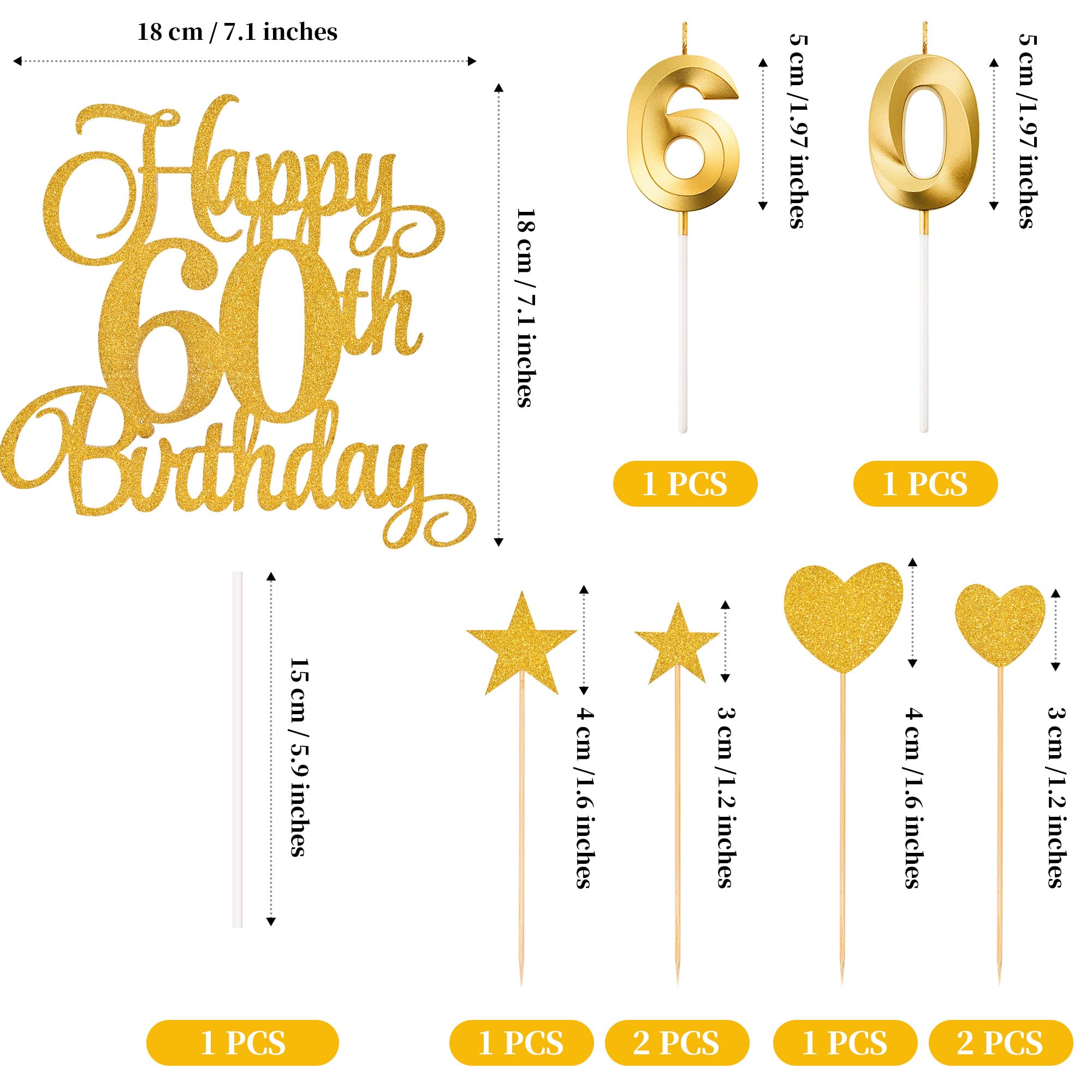 Lecferrarc 60th Birthday Cake Toppers, 60th Birthday Candles Numeral Candles and Glitter Cake Decorations Toppers Set for Party Supplies (Gold)