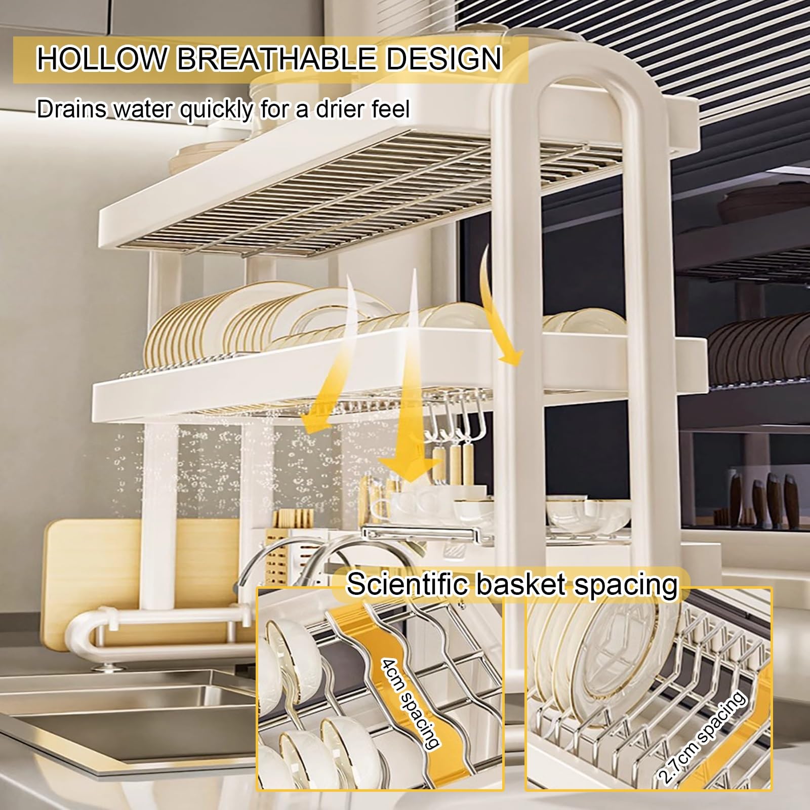 Escurreplatos Ajustable de Acero Inoxidable de 2 Niveles y Gran Capacidad - Soporte para encimera de Cocina Que Ahorra Espacio (Blanco, 65 cm)