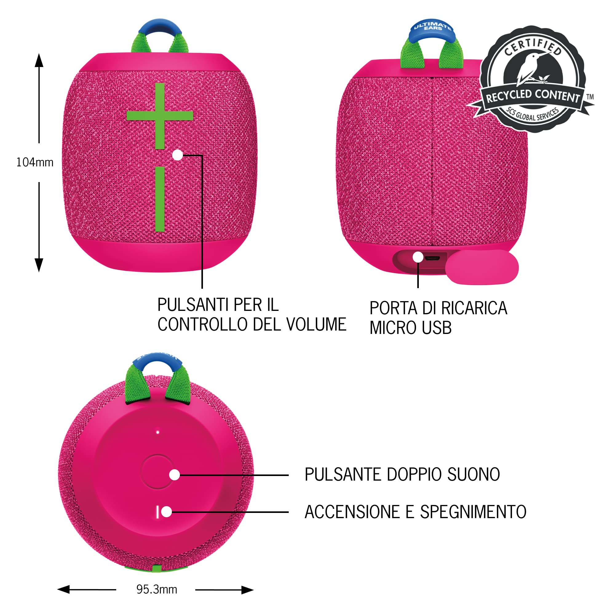 Ultimate Ears WONDERBOOM 3, Altoparlante Portatile Wireless Bluetooth, Suono a 360 Gradi con Bassi Profondi, Impermeabile, Antipolvere IP67, Galleggiante, Portata 40 m - Rosa