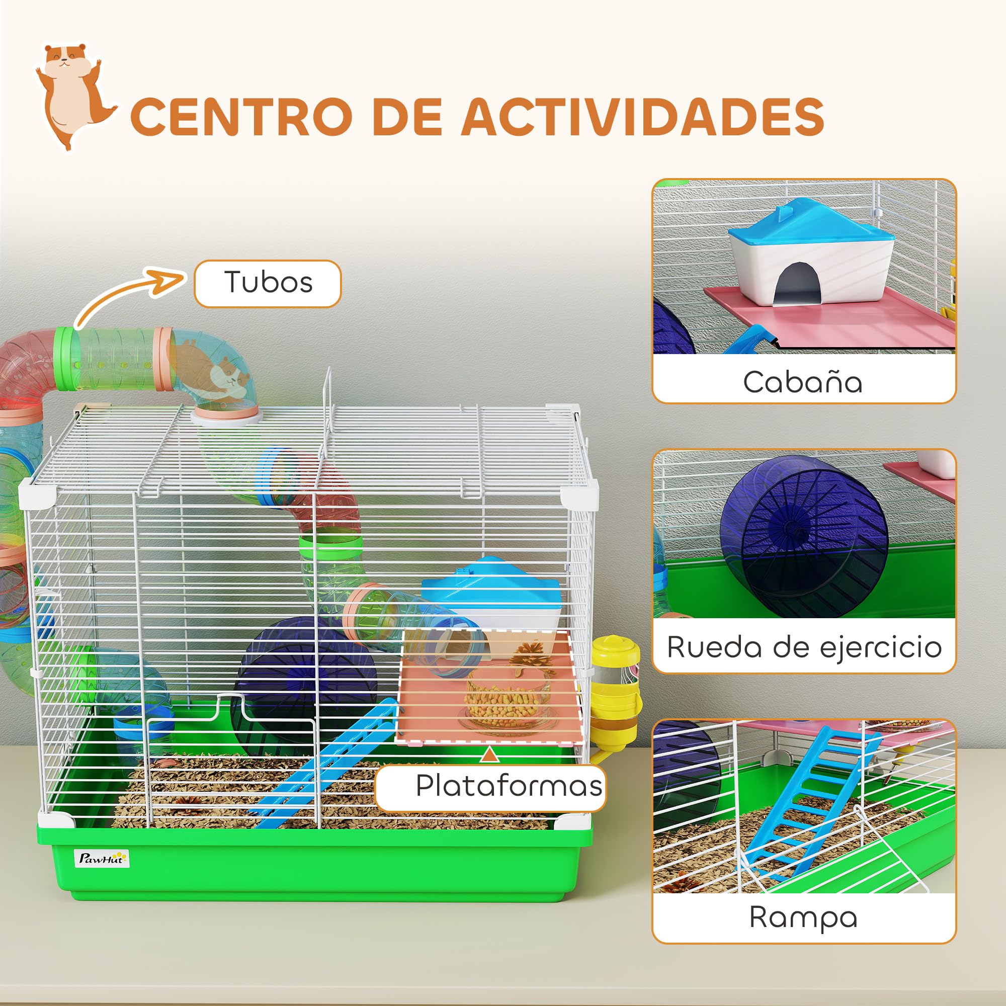 PawHut Jaula para Hámster, Casa para Hámster con Túnel, Cuenco, Bebedero, Casita, Rampa, Rueda de Ejercicio, Plataforma y Asa, Bandeja Extraíble, para Ratones y Jerbos, 46x30x37 cm, Verde