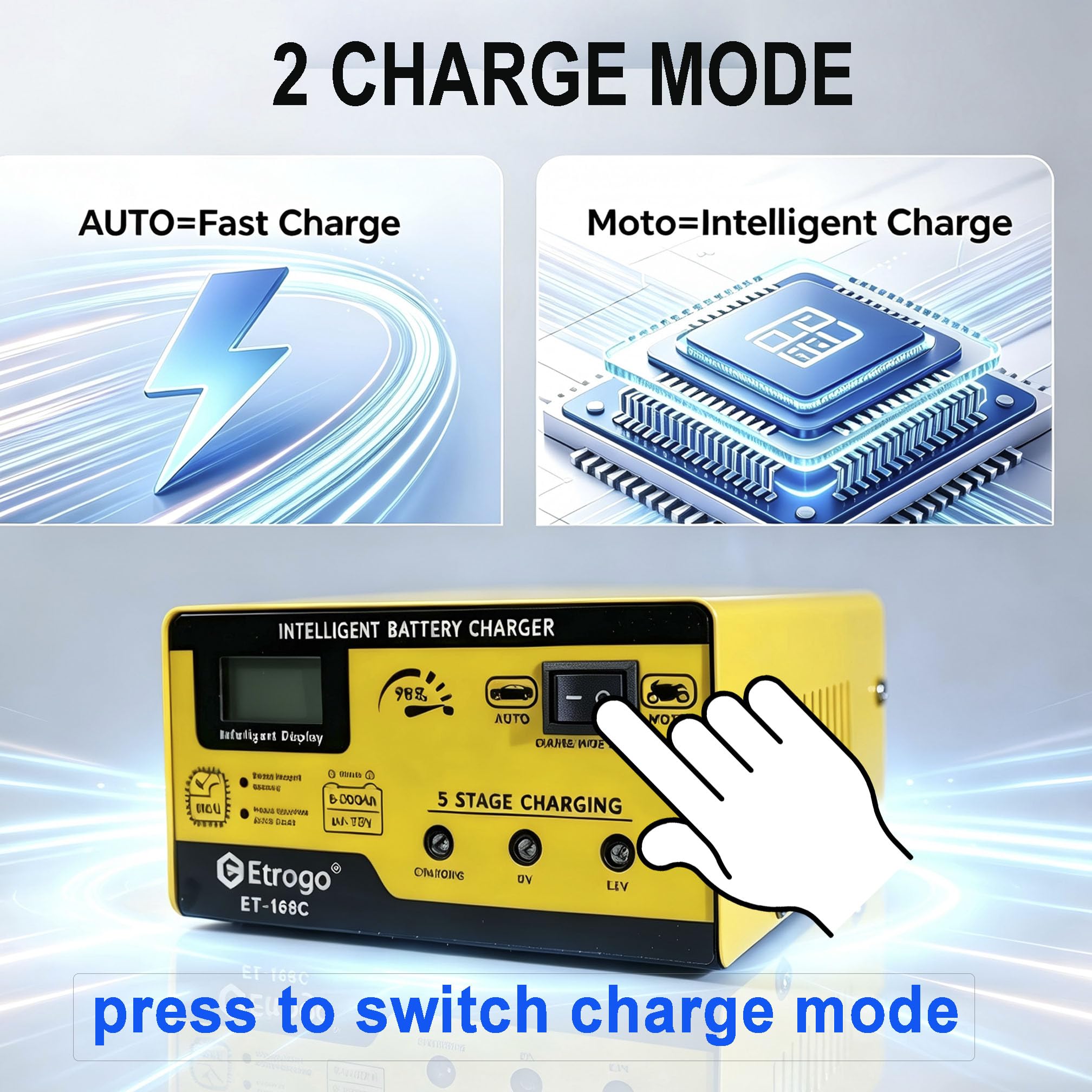 Etrogo Chargeur de Batterie 12V 6V 1A-15A Intelligent Entièrement Automatique Chargeur d'impulsions avec écran à Barre LED pour Voiture Moto