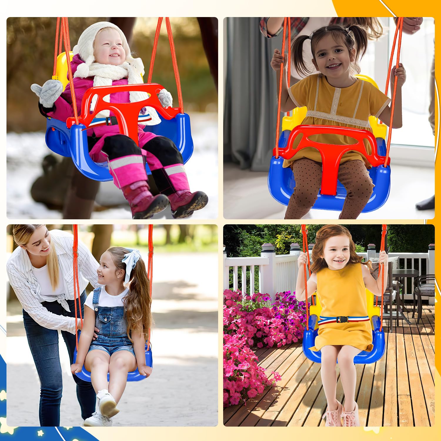 Altalena per bambini 3 in 1, rimovibile, regolabile in altezza, altalena da giardino per bambini con schienale e cintura di sicurezza, per interni ed esterni, portata fino a 50 kg