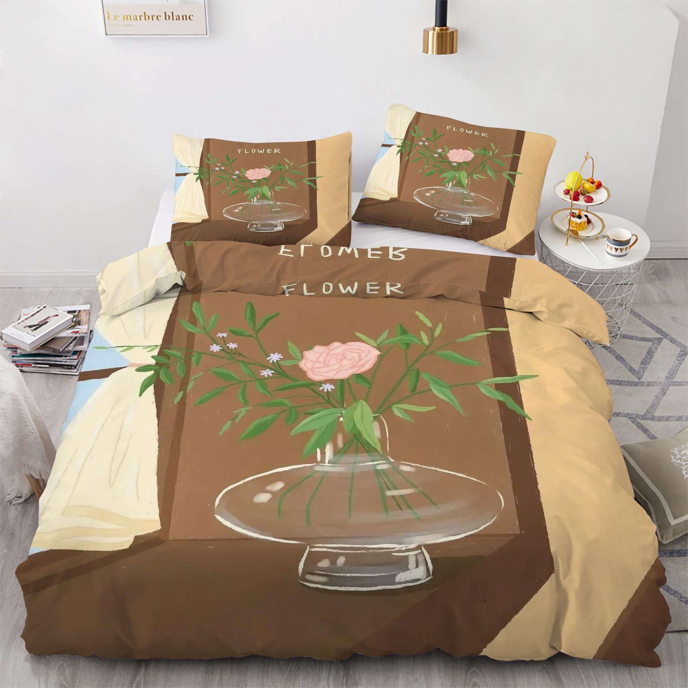 Ensemble de literie 3 pièces 200x200 avec housse de couette microfibre et taies fleurs