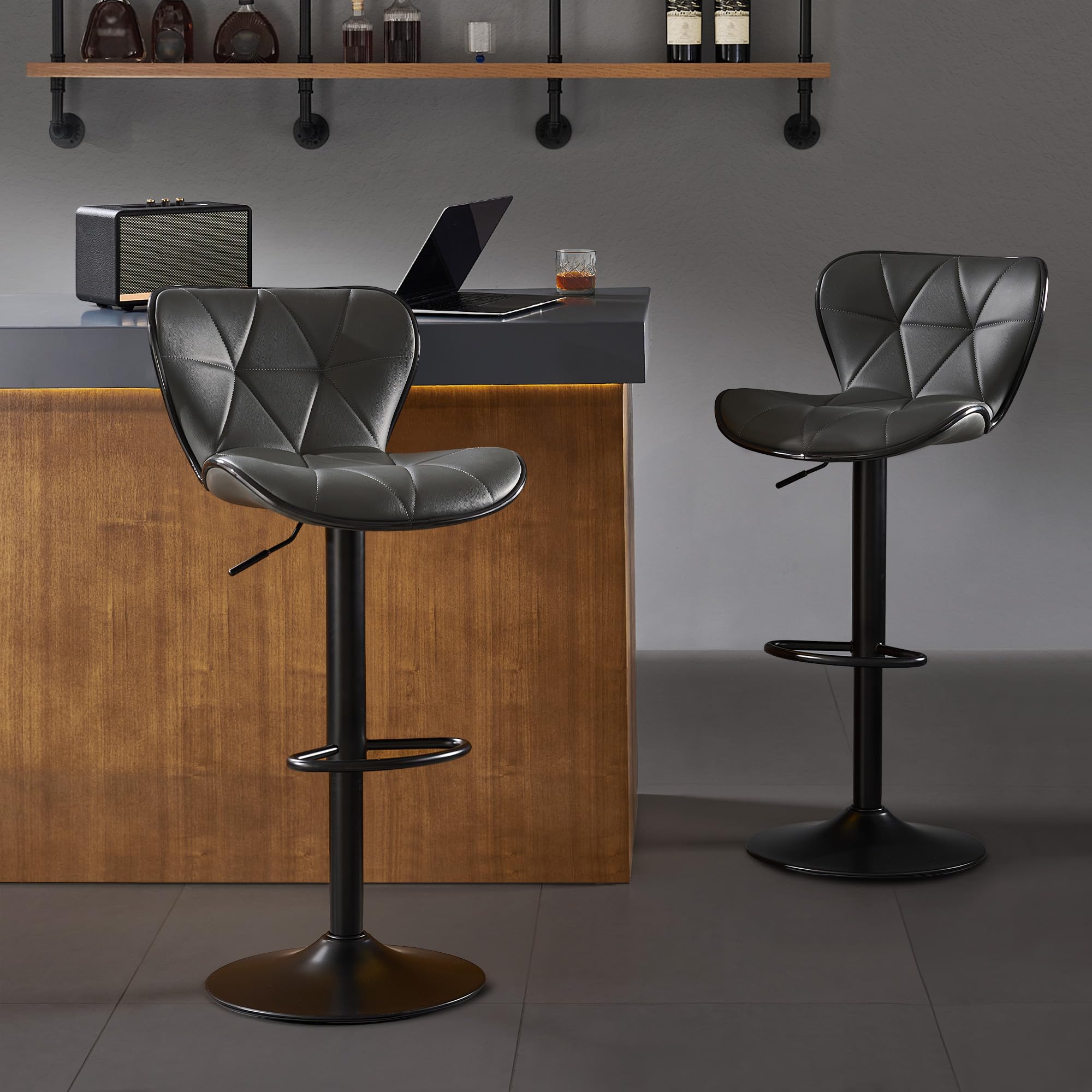 Nestvatto Bar Stools Set of 2, Modern Swivel Counter Height Bar Stools, Adjustable Leather Bar Chairs with Backrest, Upholstered Armless Bar Height Stools, Island Chairs for Kitchen Counter, Darkgrey