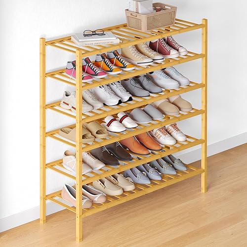 Miniatura 10 de Smiry Zapatero de bambú para clóset, organizador de zapatos apilable de 4 niveles largo de madera, estante de almacenamiento de zapatos Negro