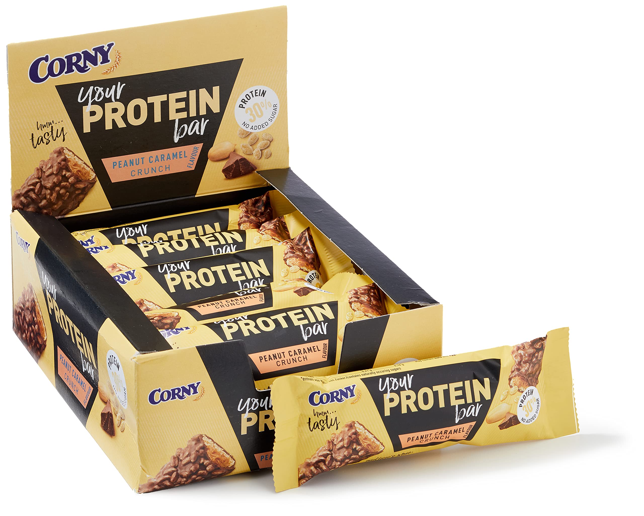 Corny Proteinriegel Peanut Caramel Crunch, 30 Prozent Protein, Eiweißriegel ohne Zuckerzusatz, 12 Stück (1er Pack)