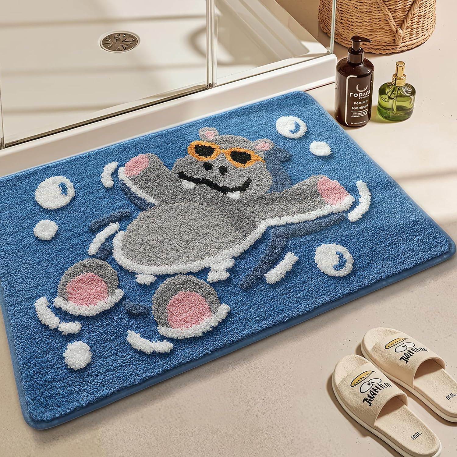 Animal Bath Mat, Cute Cartoon Hippo Floor Mat, Ultra Soft & Non-Slip Door Mat, Absorbent Microfiber Bath Rugs, Machine Washable Bath Rug Carpet for Toilet Bathtub Kitchen 20 x 31 Inch (Hippo Blue)