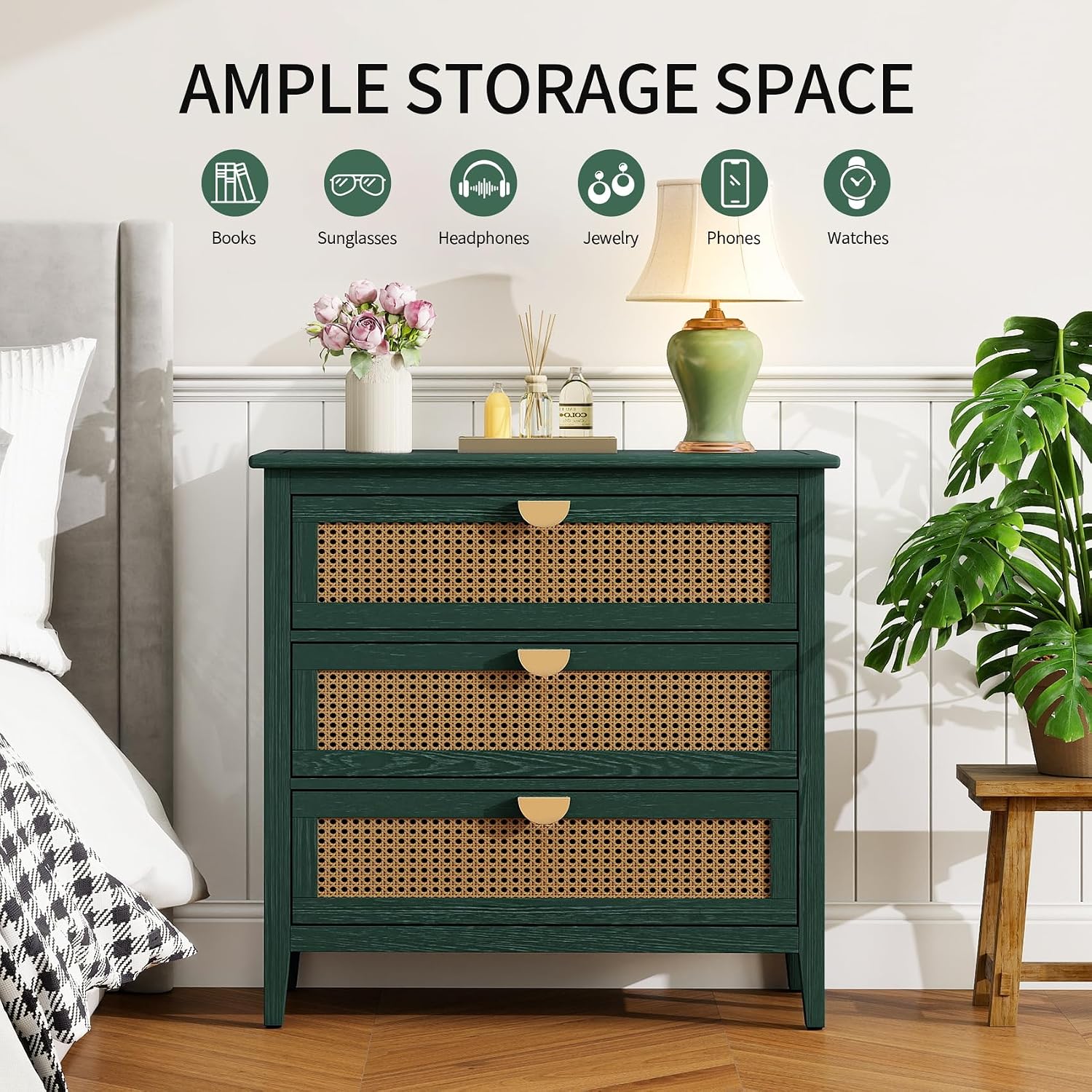 3-Drawer Green TV Stands Cabinet for Living Room,Rattan Sideboard Modern Wooden Accent Cabinet with Metal Handle,Deep Drawer Storage for Living Room, Bathroom, Entryway, Green