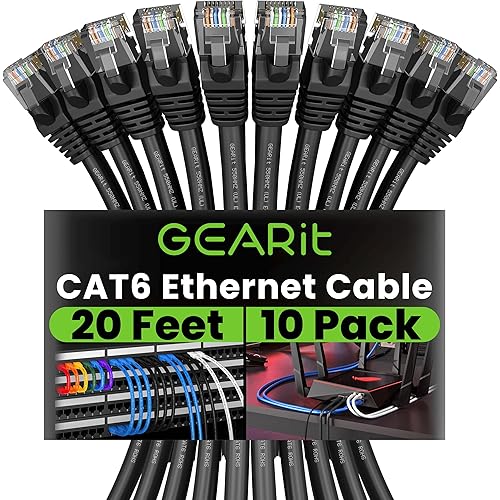 GearIT Cat 6 Ethernet Cable (10-Pack 20 Feet) Cat6 Network Patch, 10Gbps, RJ45, Snagless Cord, Gold-Plated Connectors, Internet for PC, TV, Tablet, Router, Printer, Servers, IT Data Center - Black