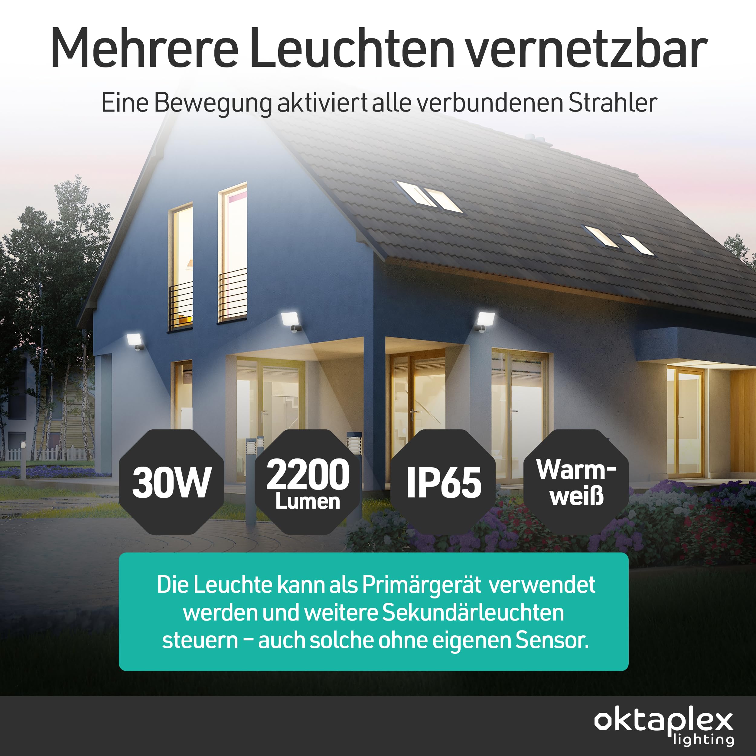 Oktaplex Cali LED Strahler mit Bewegungsmelder Außen warmweiß 30W 2200lm | IP65, Außenstrahler anthrazit 3000K, Außenbeleuchtung Master Funktion