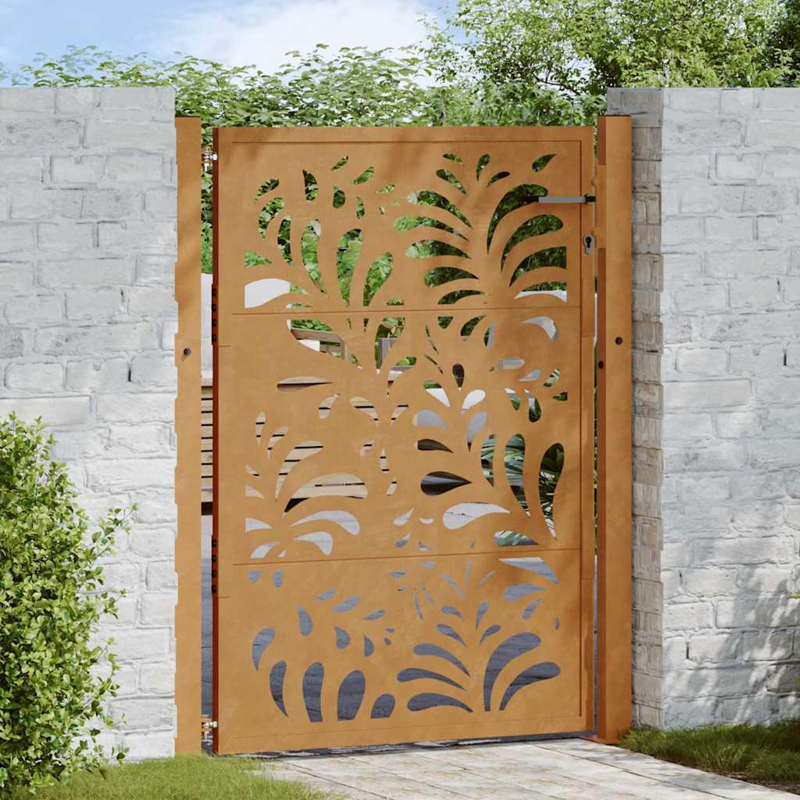 Cancello da giardino, 100 x 125 cm, design ondulato, in acciaio resistente alle intemperie, effetto ruggine, inclusi pali e materiale di montaggio, per giardino, terrazza e terreno