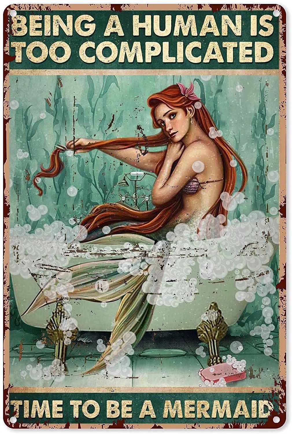 Tin Sign Bathtub Mermaid Nostalgic Tin Signs Funny Poster Art Wall Decor for Pub Bar Vintage Wall Stickers 8x12 Inch