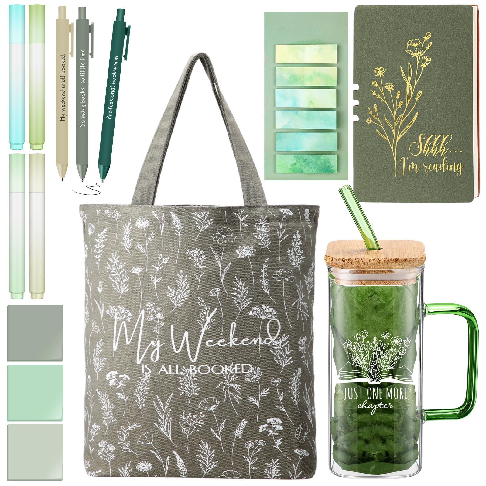 Romooa Book Lovers Gifts Aesthetic Essentials 13.5oz Glass Cup with Handle Canvas Bag A6 Journal Teacher Notebook Ballpoint Pens Sticky Notes Highlighters for Librarian Student Teacher Study, Green