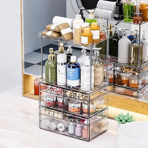 Miniatura 9 de Paquete de 3 organizadores de baño y encimera de almacenamiento con 7 cajones, organizador apilable, organizador de cuidado de la piel de gran