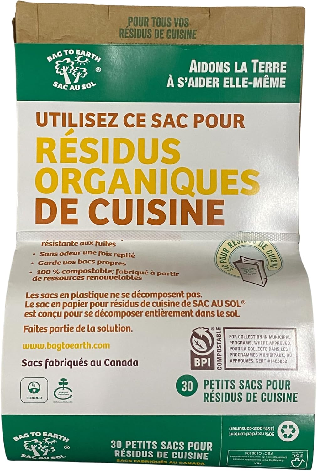 Bag to Earth - Kitchen Food Waste Bag - Compostable Bag - Leak Resistant -%100 Paper Cellulose Liner - Small - 30 Bags