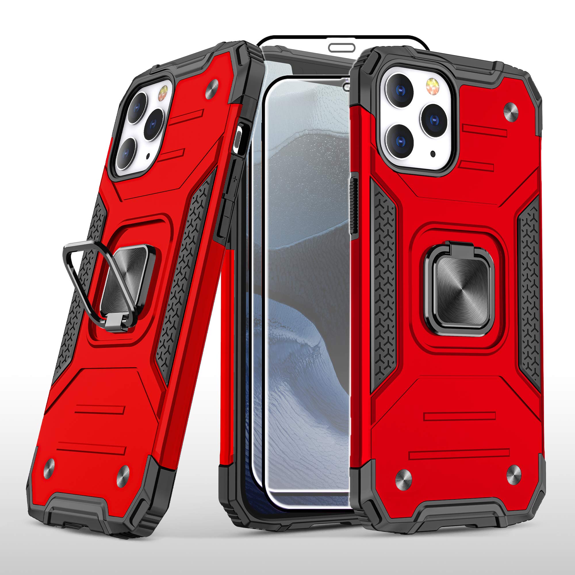 Rebex Compatible with iPhone 12 Pro Max case Cover,6.7" with Tempered Glass Screen Protector [2Pack],Tough Heavy Protective Ring Kickstand Holder Grip Magnetic Metal Heavy Duty Shockproof (Red)