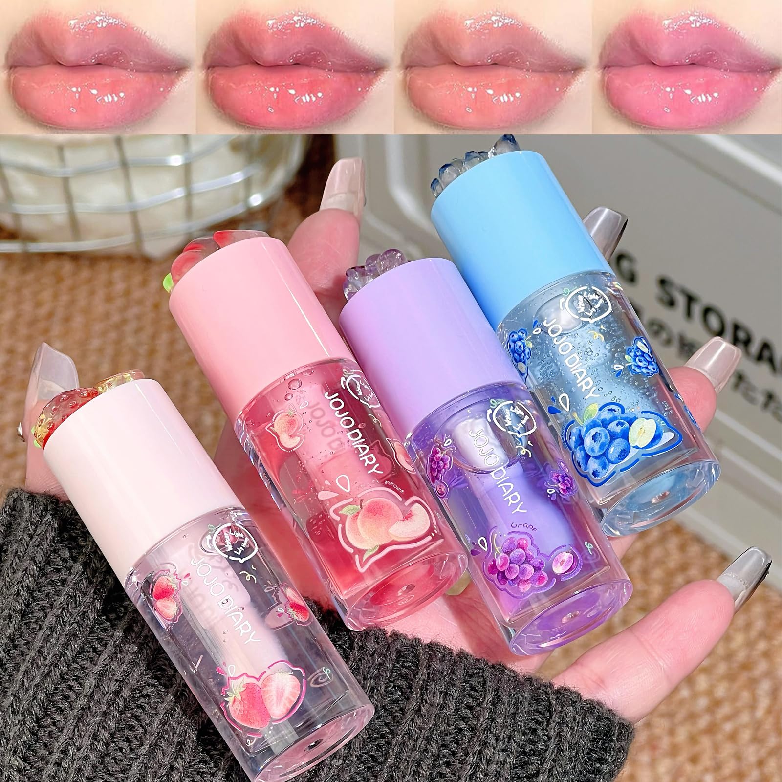 4 Pcs Hydrating Lip Oil, Fruity Plumping Lip Gloss Set, Cute Lipgloss for Women, Long Lasting Lip Gloss Non-Sticky & Glossy Finish, Lipstick Vegan & Cruelty Free