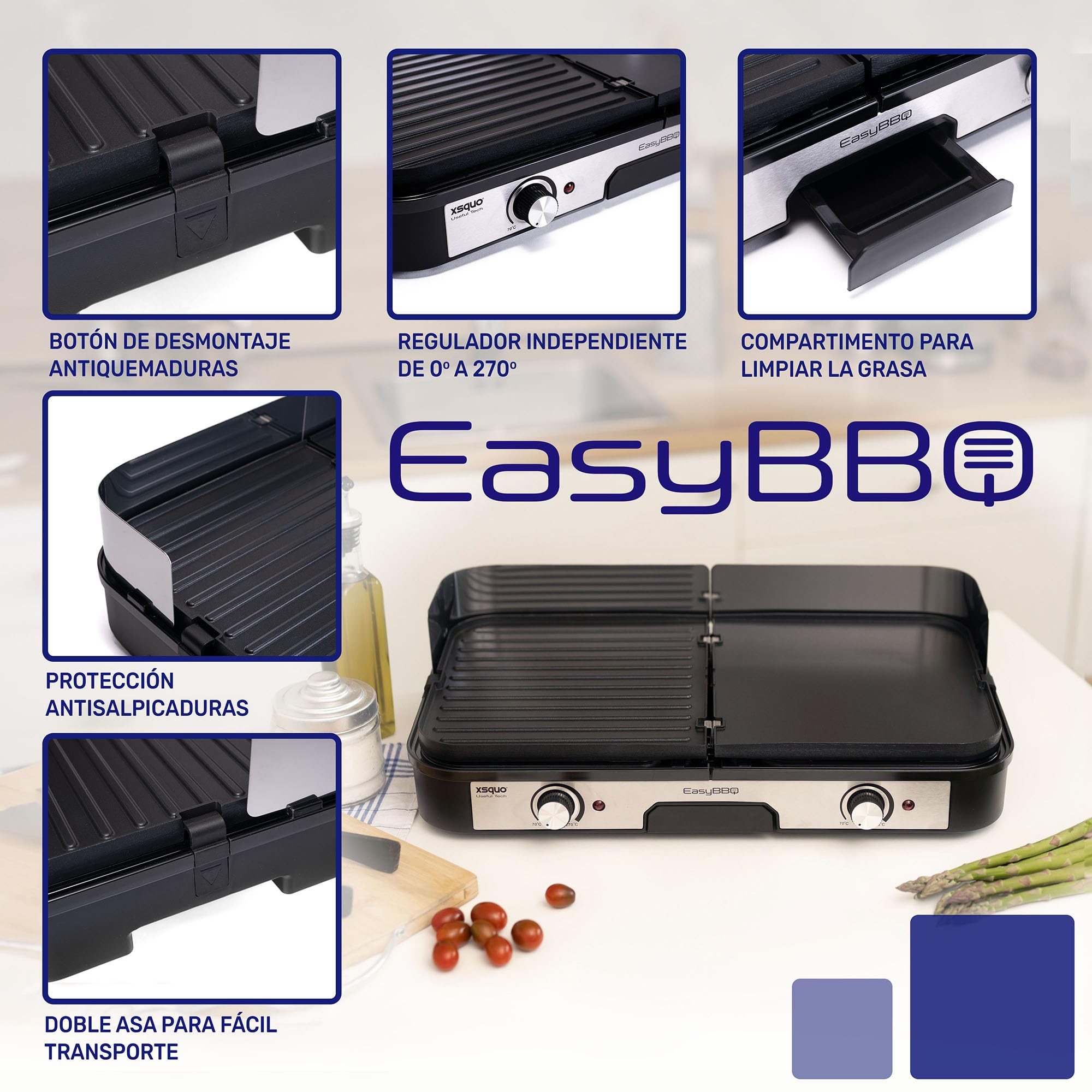 Plancha de asar eléctrica 2400W Teppanyaki - Antiadherente - Superficie mixta con plancha y grill - Gran superficie de cocinado - Dos termostatos independientes con hasta 270º
