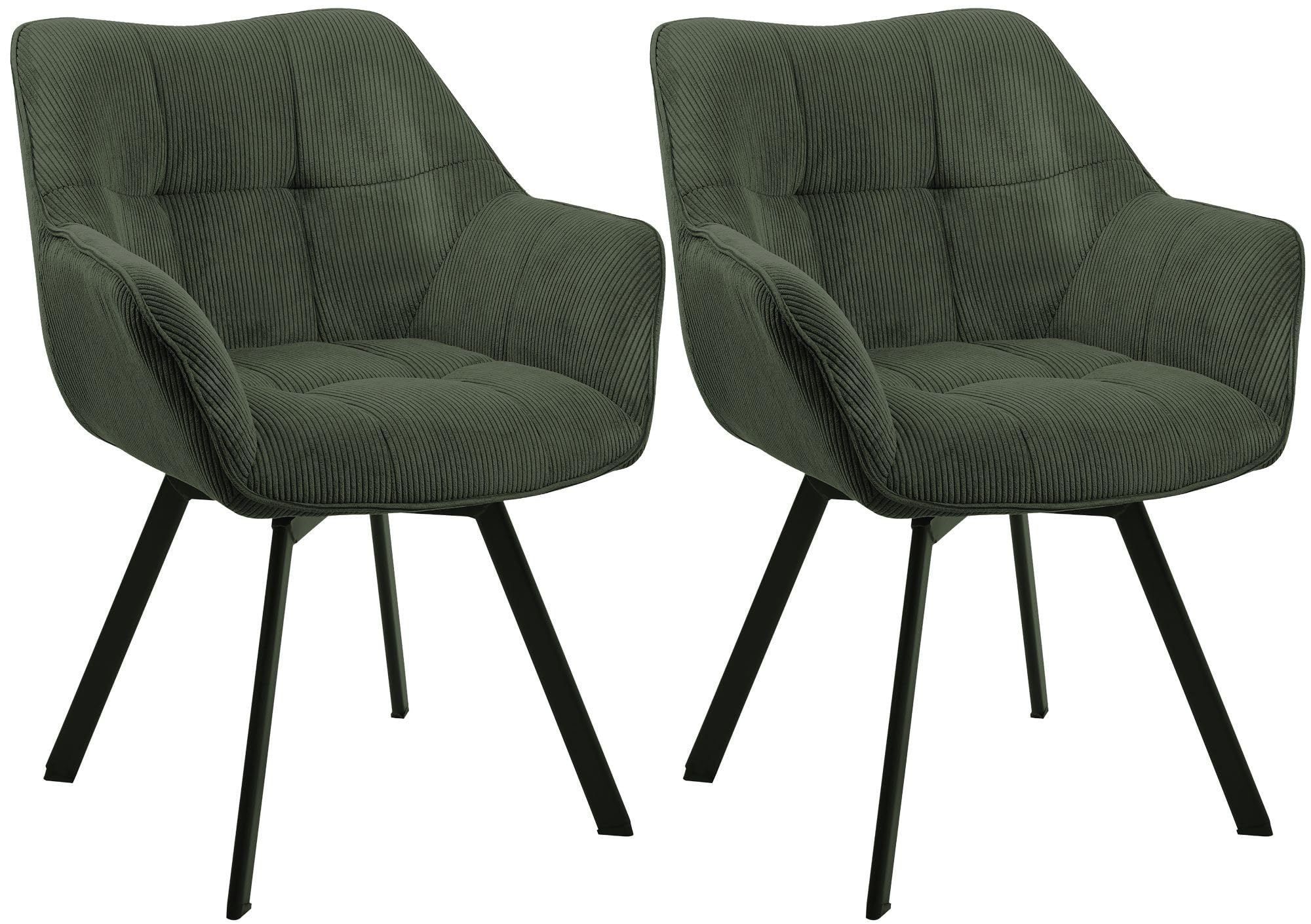 CLP Esszimmerstuhl 2er Set ergonomisch Jordi Cord, drehbar mit Armlehnen, Polstersessel, 4-Fuß-Metallgestell, bis 150 kg, mit Bodenschonern, Farbe:grün