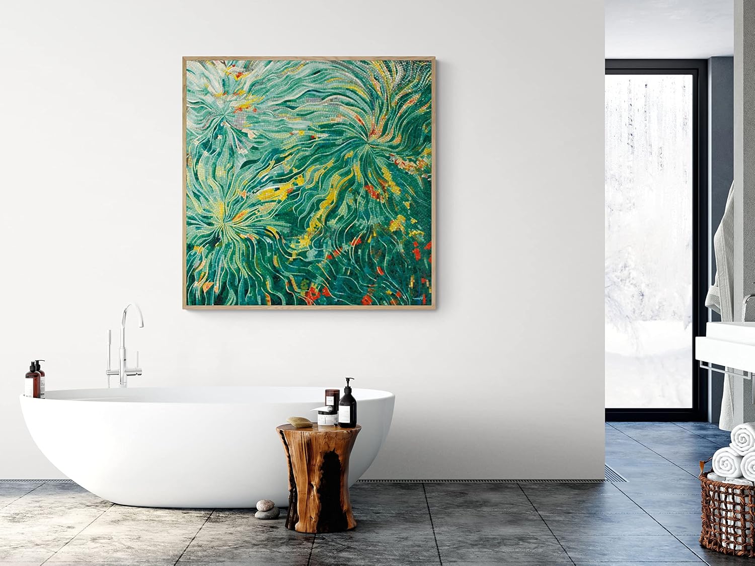 Handmade Abstract Green Glass Mosaic Wall Art, Contemporary Tile Mosaic Artwork, Hand-Cut Modern Artistic Wall Décor