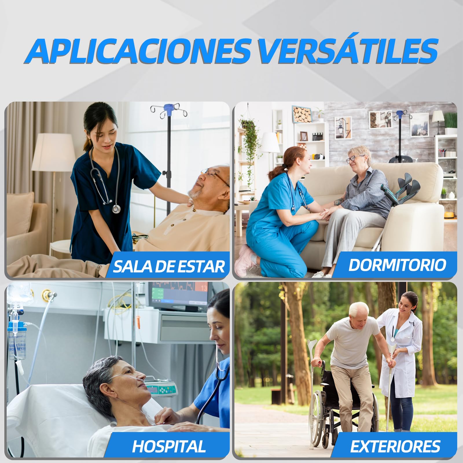 Soporte de suero, móvil con ruedas, 4 ganchos, adecuado para hospital y hogar, acero inoxidable, altura ajustable