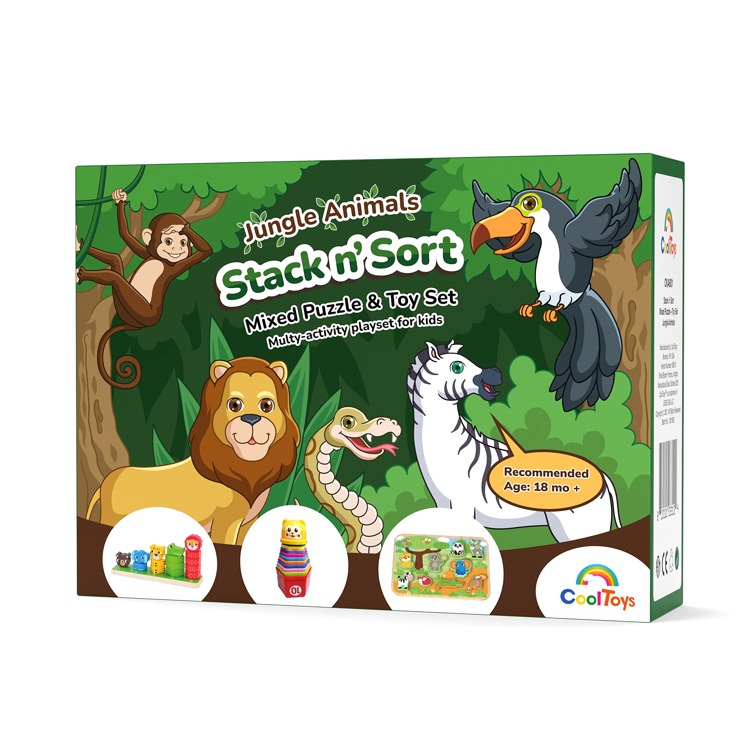 CoolToys Stack n’ Sort Baby Toddler Learning Toys, 3 Developmental Educational Games Set, Nesting & Stacking Cups, Shape & Color Sorting Stackable Wooden Pieces, Montessori Wooden Puzzle, Jungle Theme