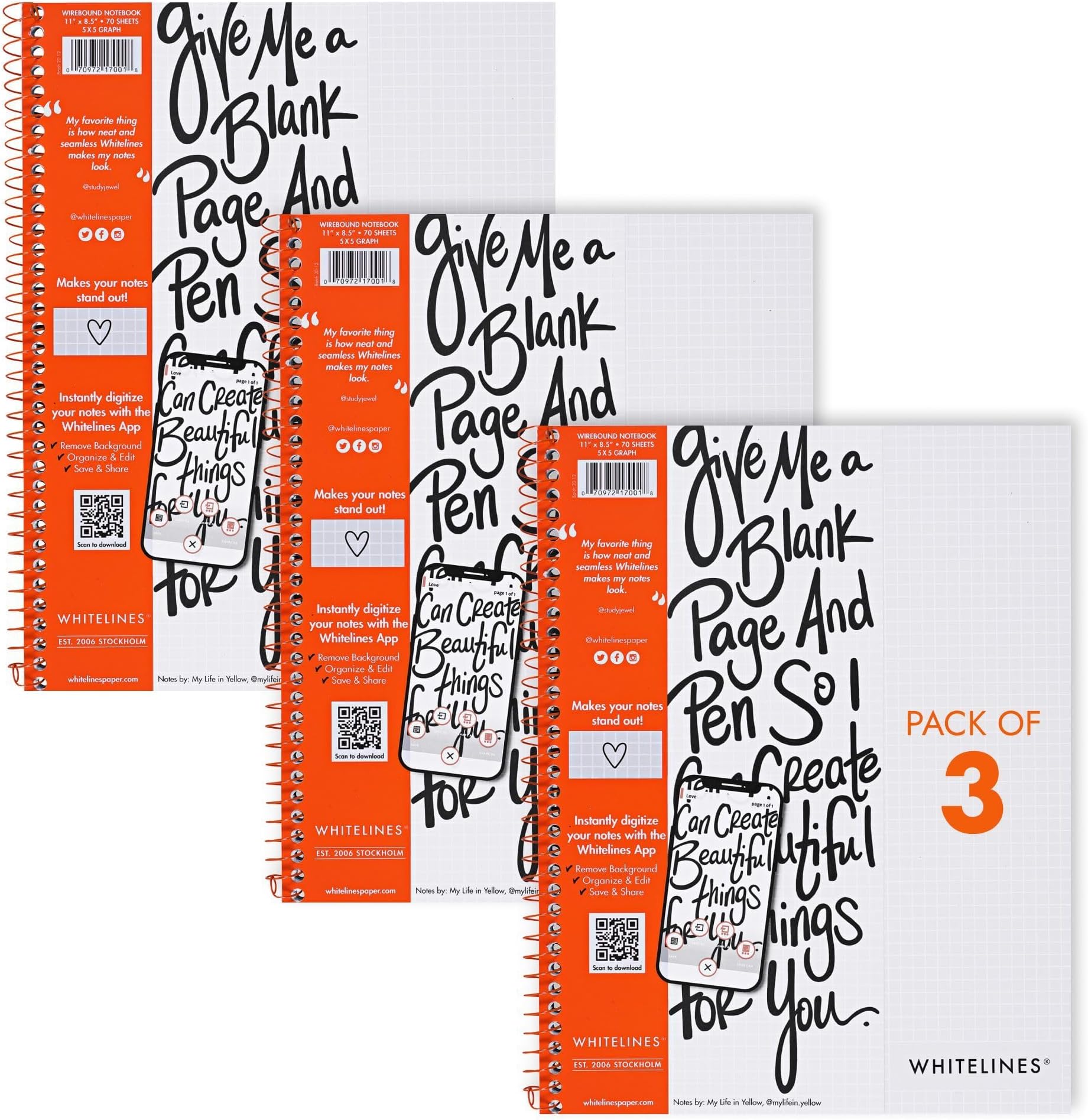 Whitelines Premium Spiral Notebook, 5x5 Graph Ruled, 11" x 8.5", 70 Sheets, Digitally Download Your Notes, Free App, Pack of 3