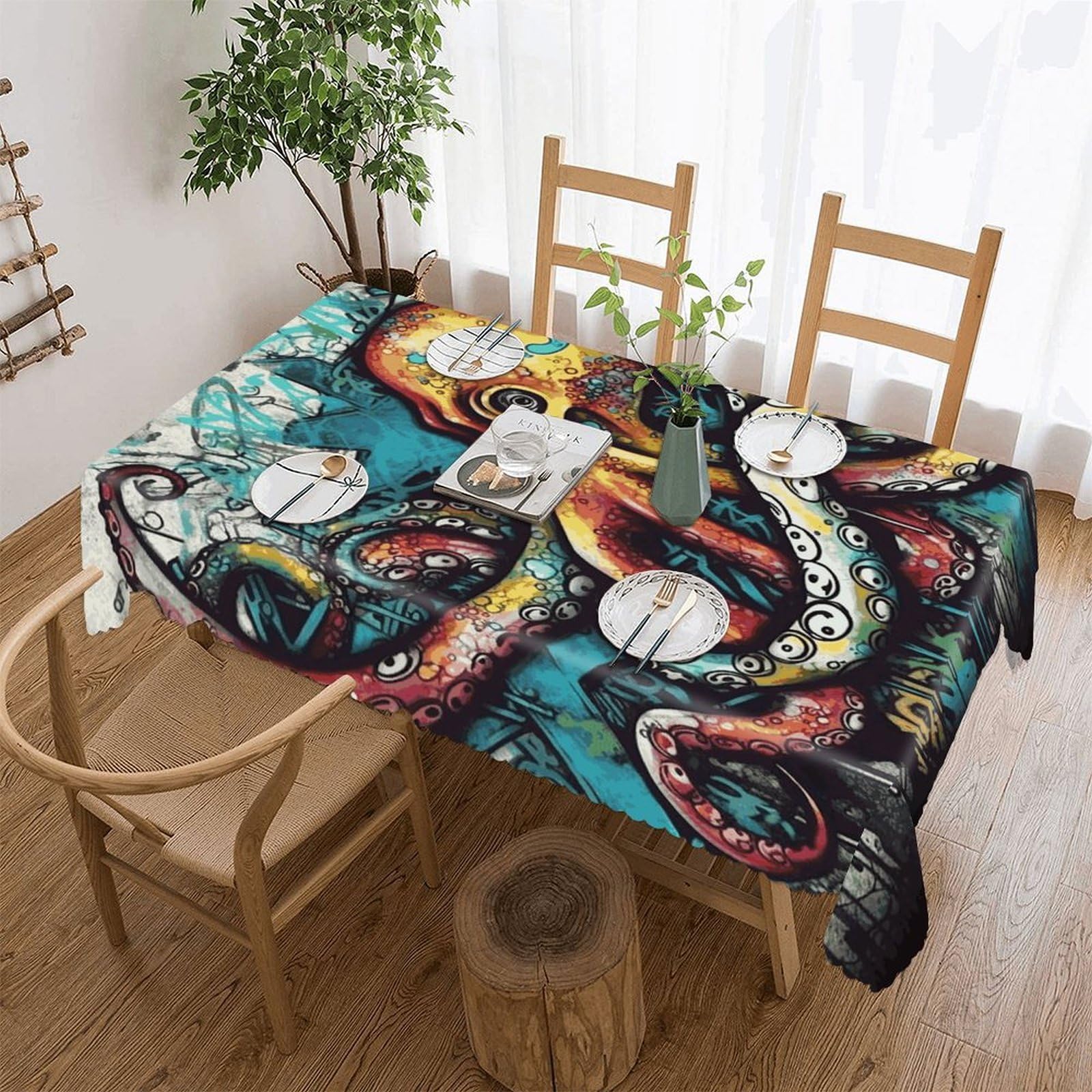 FekiLoot Color Graffiti Octopus Tablecloths for Rectangle Tables Wipeable Spillproof Polyester Table Cloth Wrinkle Free Farmhouse Dining Tables Cover Elegant Vintage Decor Tablecover