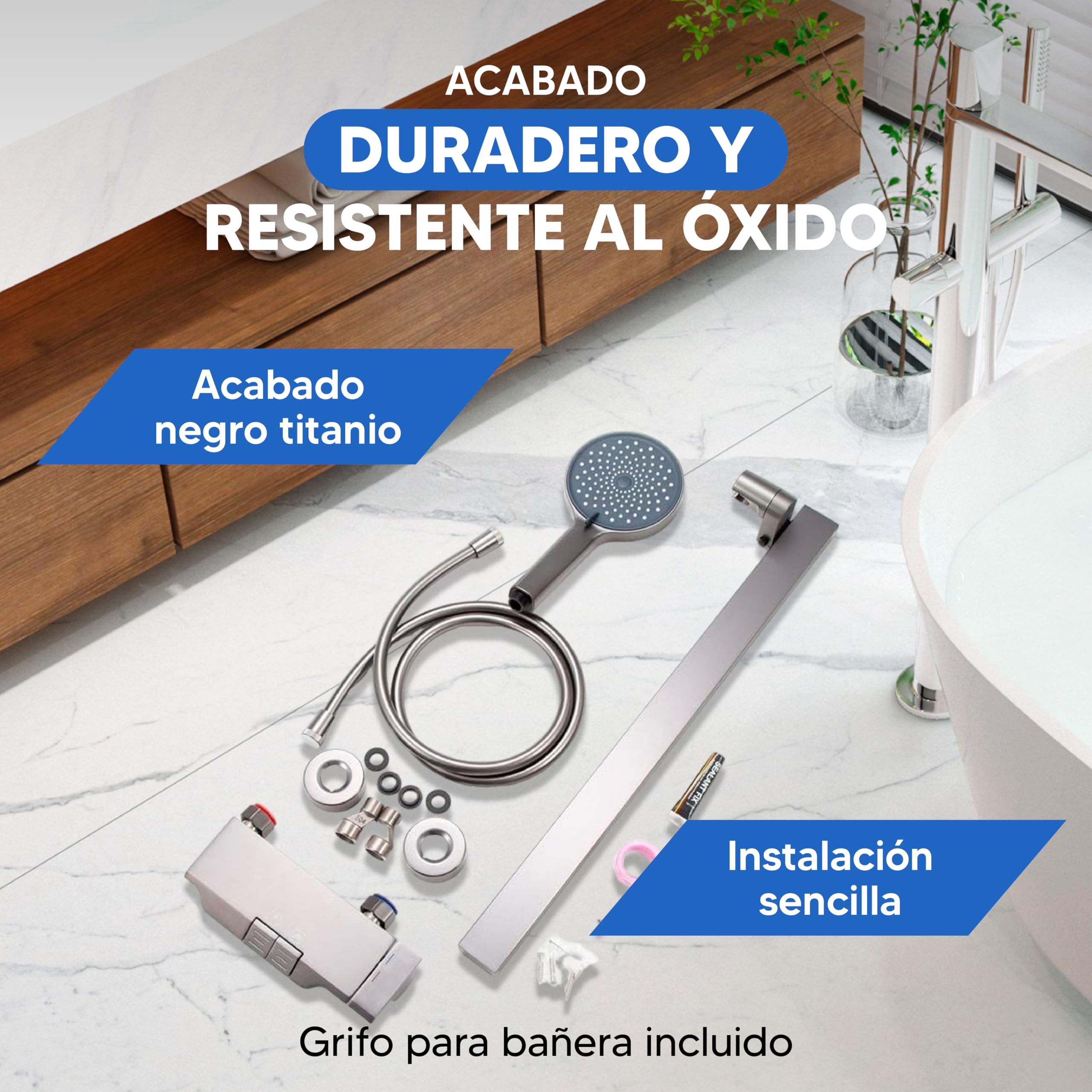 INEX EUROPA Columna de Ducha Negra Titanio con Grifo y Ducha de Mano Ajustable - Columna Ducha con Barra a Pared Graduable - Columna con Alcachofa Fácil de Instalar - 10 Años de Garantía