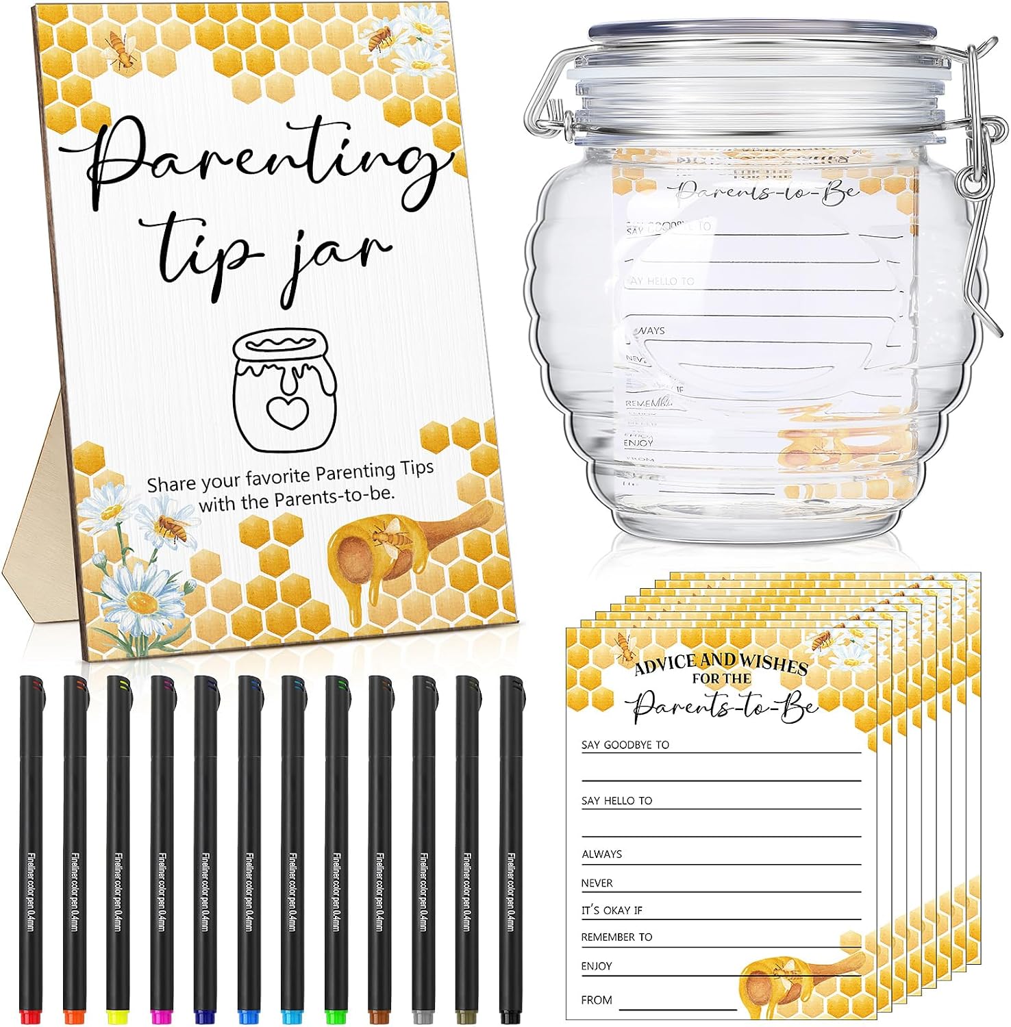 Spakon 114 Pcs Baby Shower to Baby Advice Cards for New Parents to Be Parenting Tip Jar Sign for New Parents 100 Parenting Advice Cards 12 Ink Pens 1 Wooden Sign 1 Bottle for Guests(Greenery)