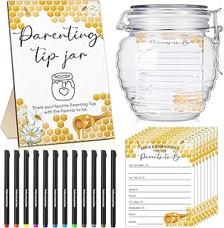 Spakon 114 Pcs Baby Shower to Baby Advice Cards for New Parents to Be Parenting Tip Jar Sign for New Parents 100 Parenting Advice Cards 12 Ink Pens 1 Wooden Sign 1 Bottle for Guests(Honey)