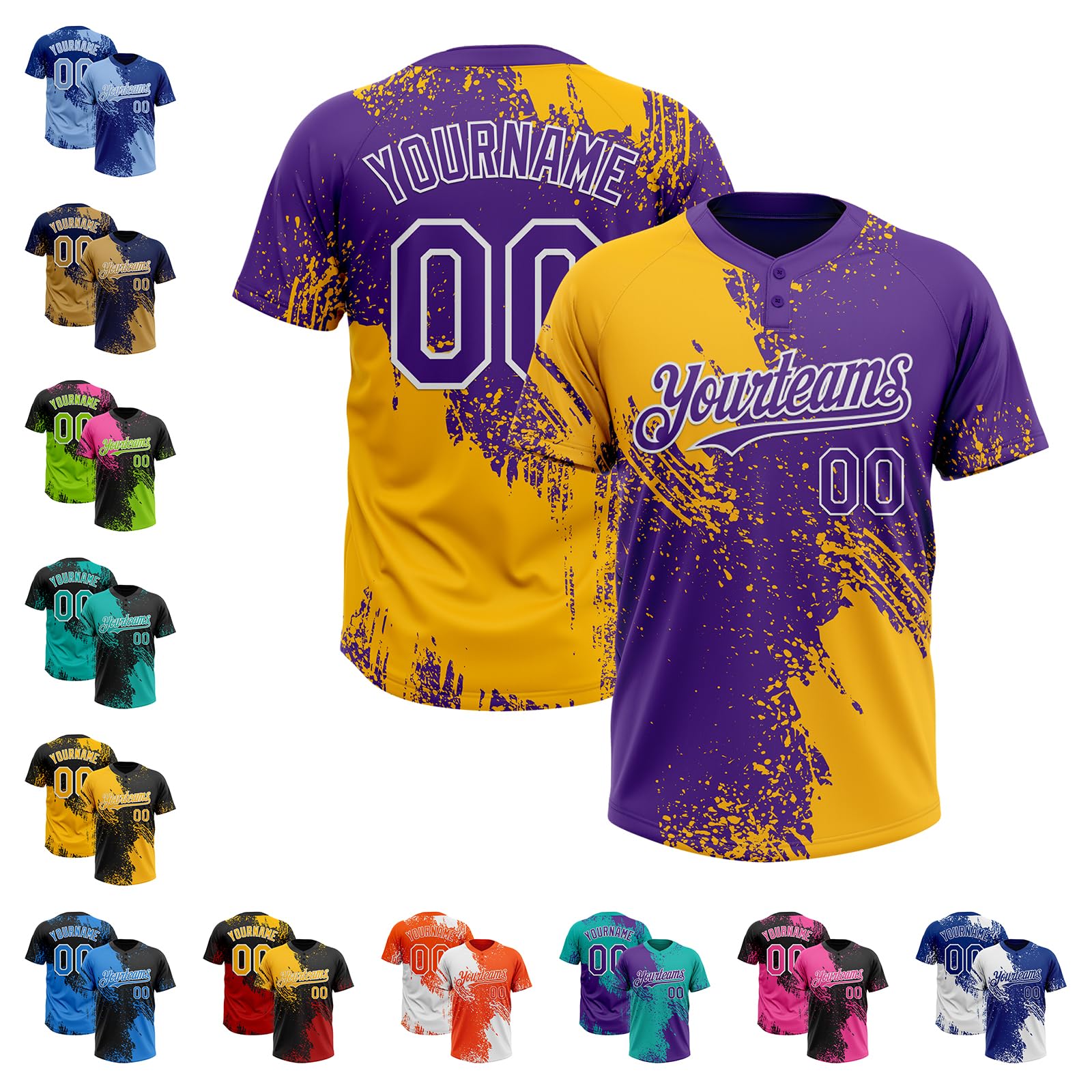 Design Blank Softball Team Jersey Gold and Purple, Youth Two Button Varsity Baseball Practice Uniforms for Boys Girls, Stitched Personalized Name Number Hip Hop Sports Summer Tees for Fan Club Family