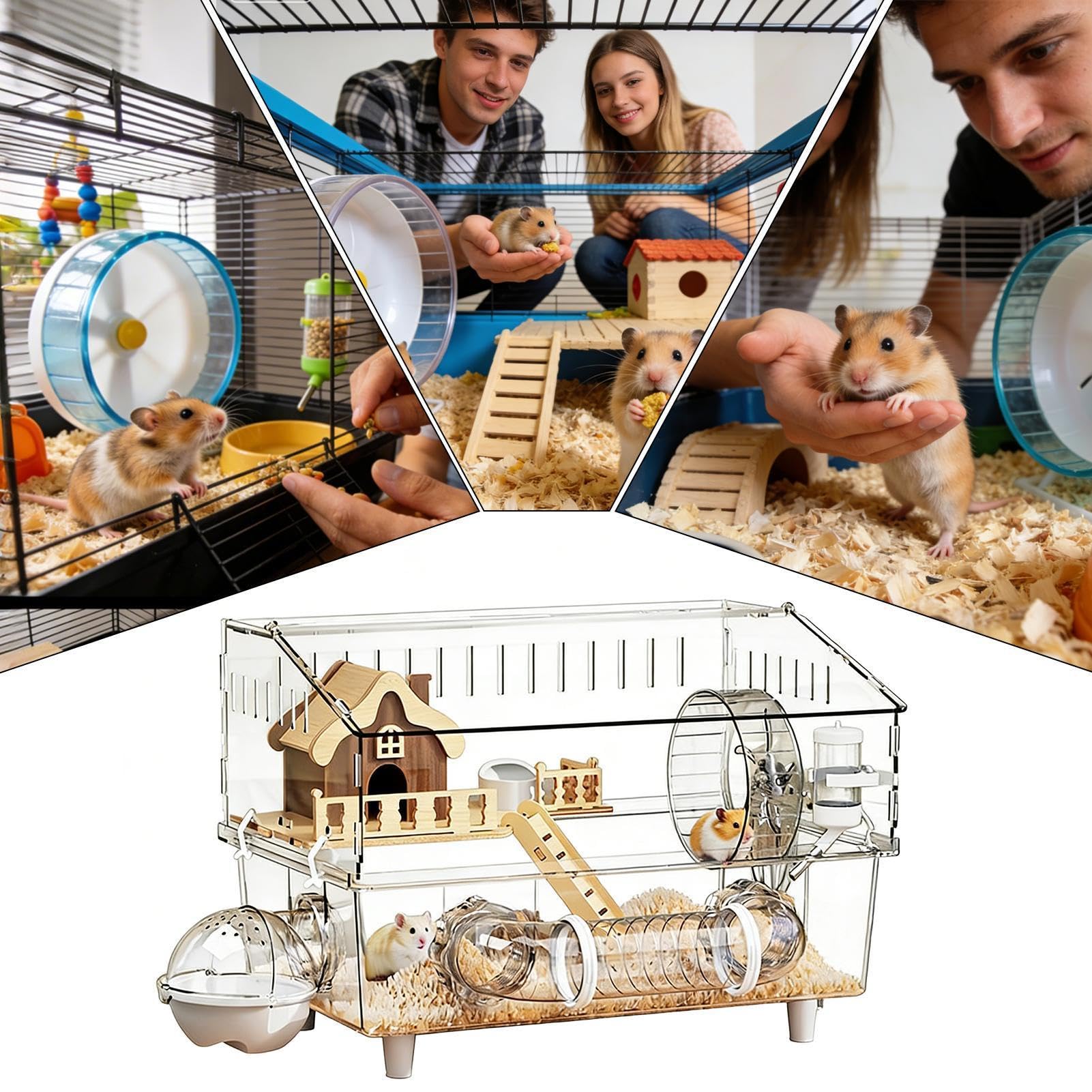Hábitat para Hámster Casa Transparente de 2 Niveles para Chinchilla | Jaula para Hámster Enano para Observación de Animales, Hogar para Mascotas Pequeñas, Interior y Exterior, Viaje