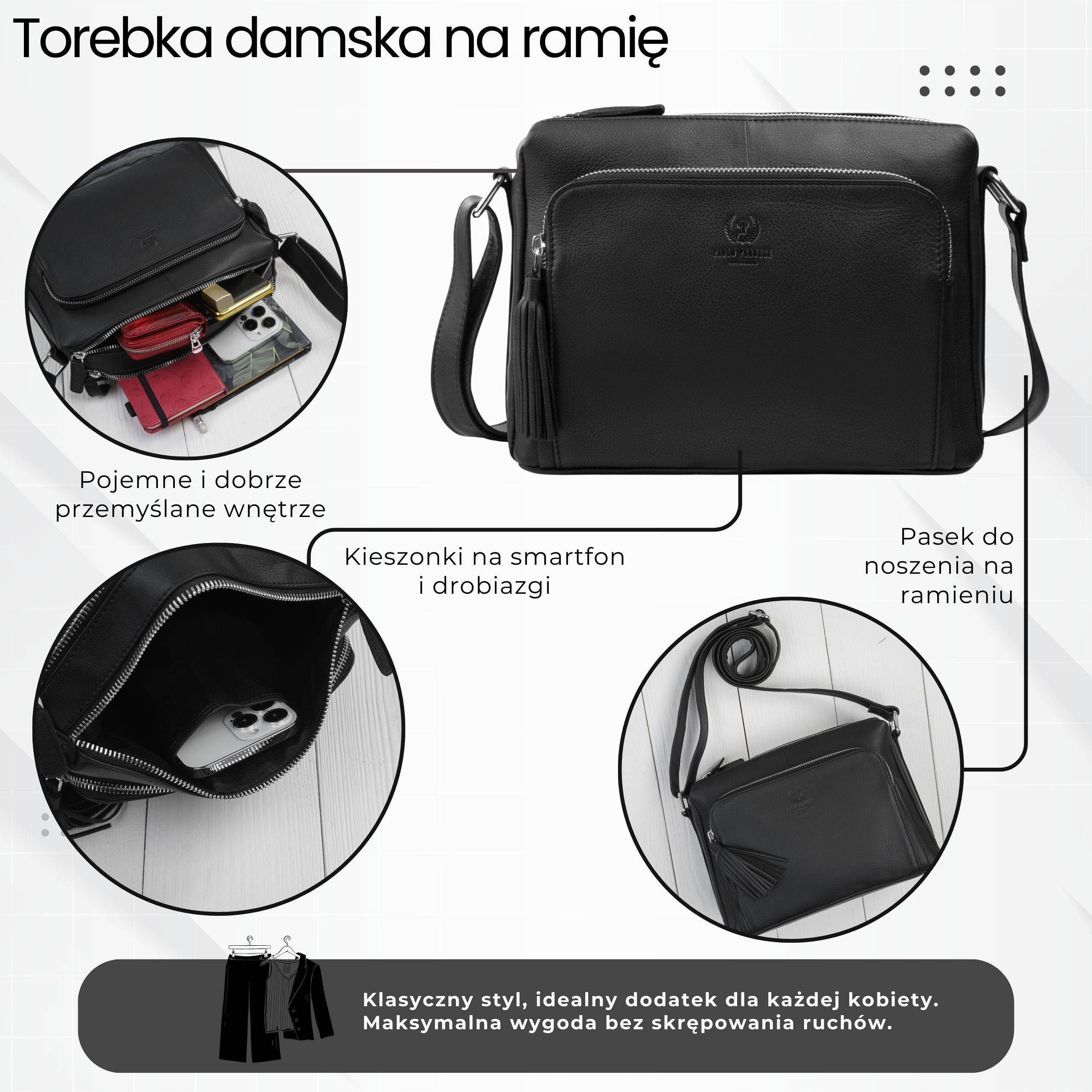 Torebka damska na ramię skórzana czarna klasyczna miejska pojemna ze srebrnymi okuciami AY-22-BLS