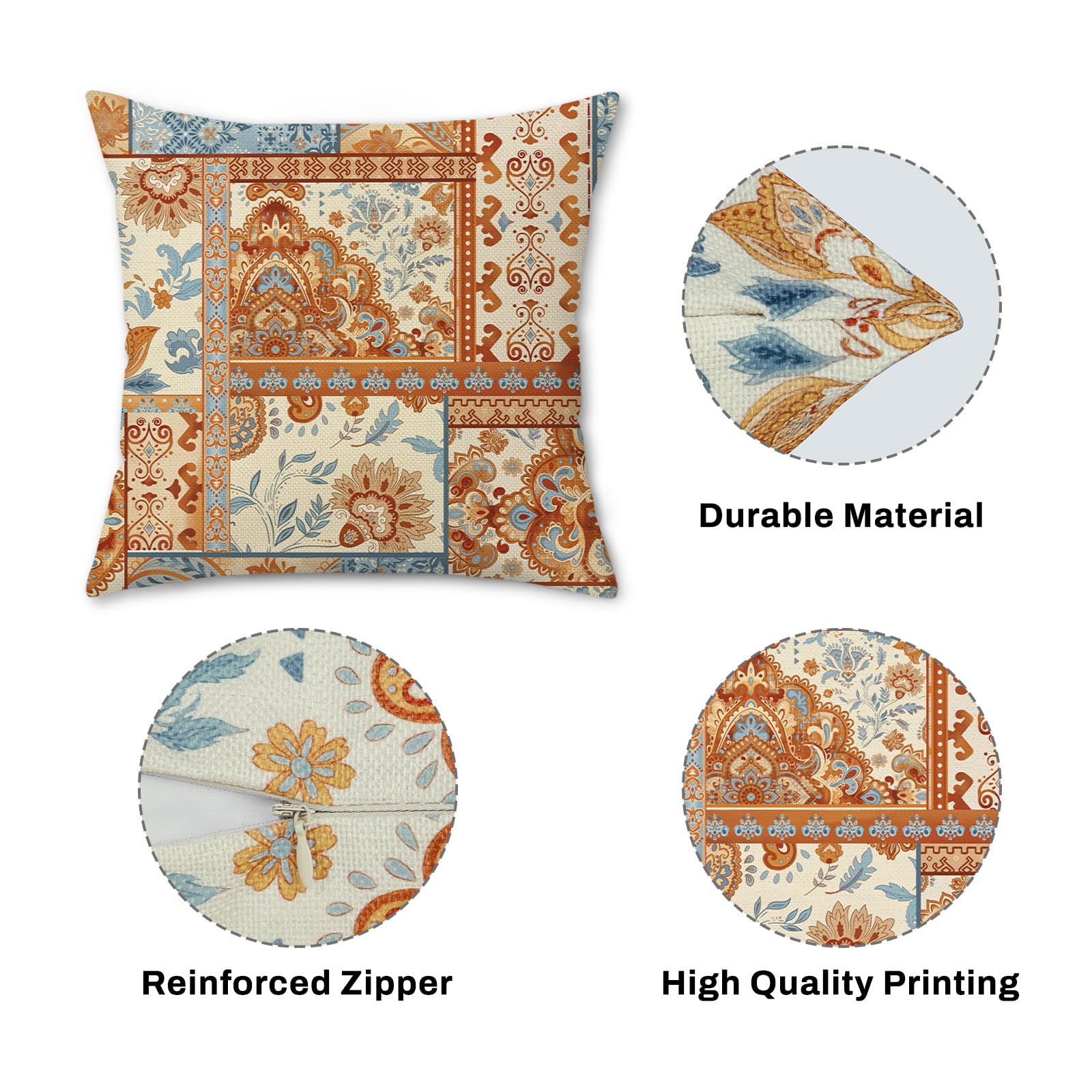 Bonhause Boho poszewki na poduszki dekoracyjne 45 x 45 cm, zestaw 2 sztuk, vintage, boho, etniczny, dywan, brązowy, pomarańczowy, niebieski, kwiaty, liście, na zewnątrz, dekoracyjne poszewki na