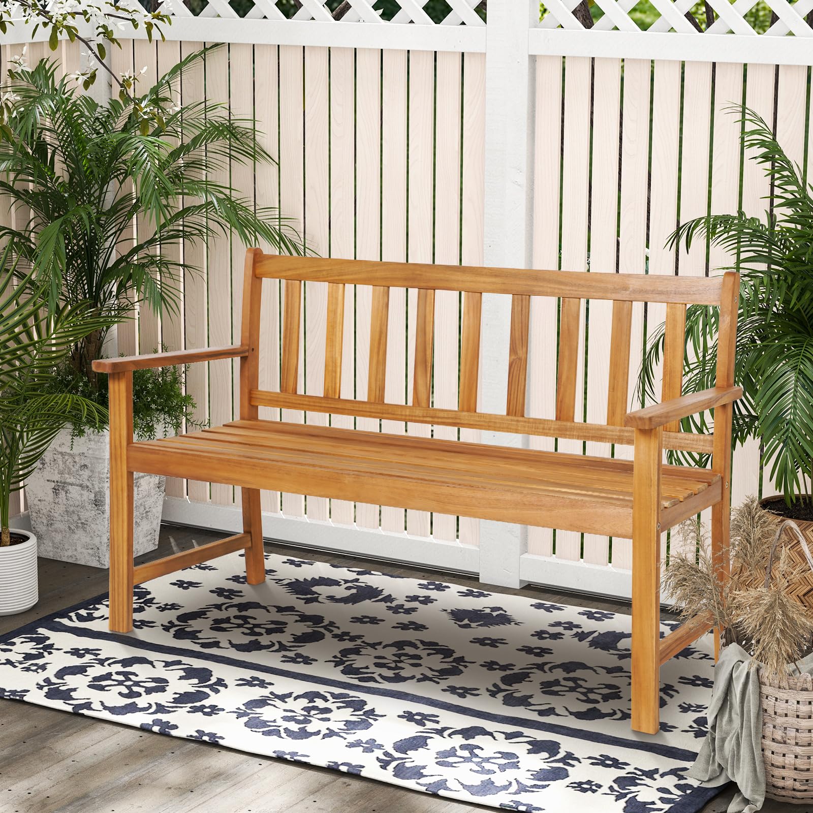 KOMFOTTEU Banc de Jardin 2 Places, Banquette de Parc en Bois d'Acacia, Banc de Parc, Chaise de Parc avec Dossier, Charge de 360 kg, pour Balcon, Terrasse (Grande Taille, 122 x 56,5 x 86 cm)