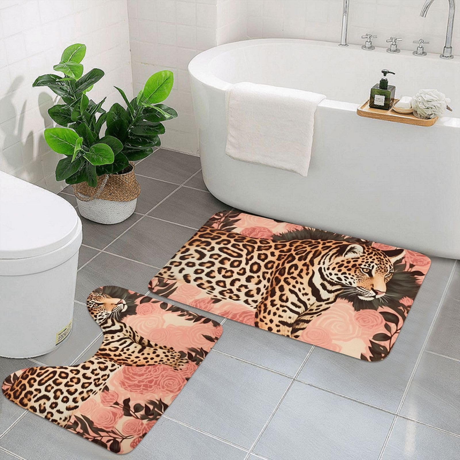 Tapis de bain léopard en U et rectangle en microfibre absorbante | Lot de 2