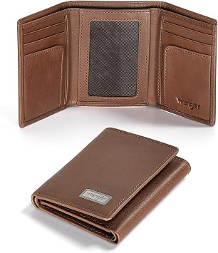 Wrangler Mens Trifold Wallet, Pebble Leather Wallet with RFID, Brown